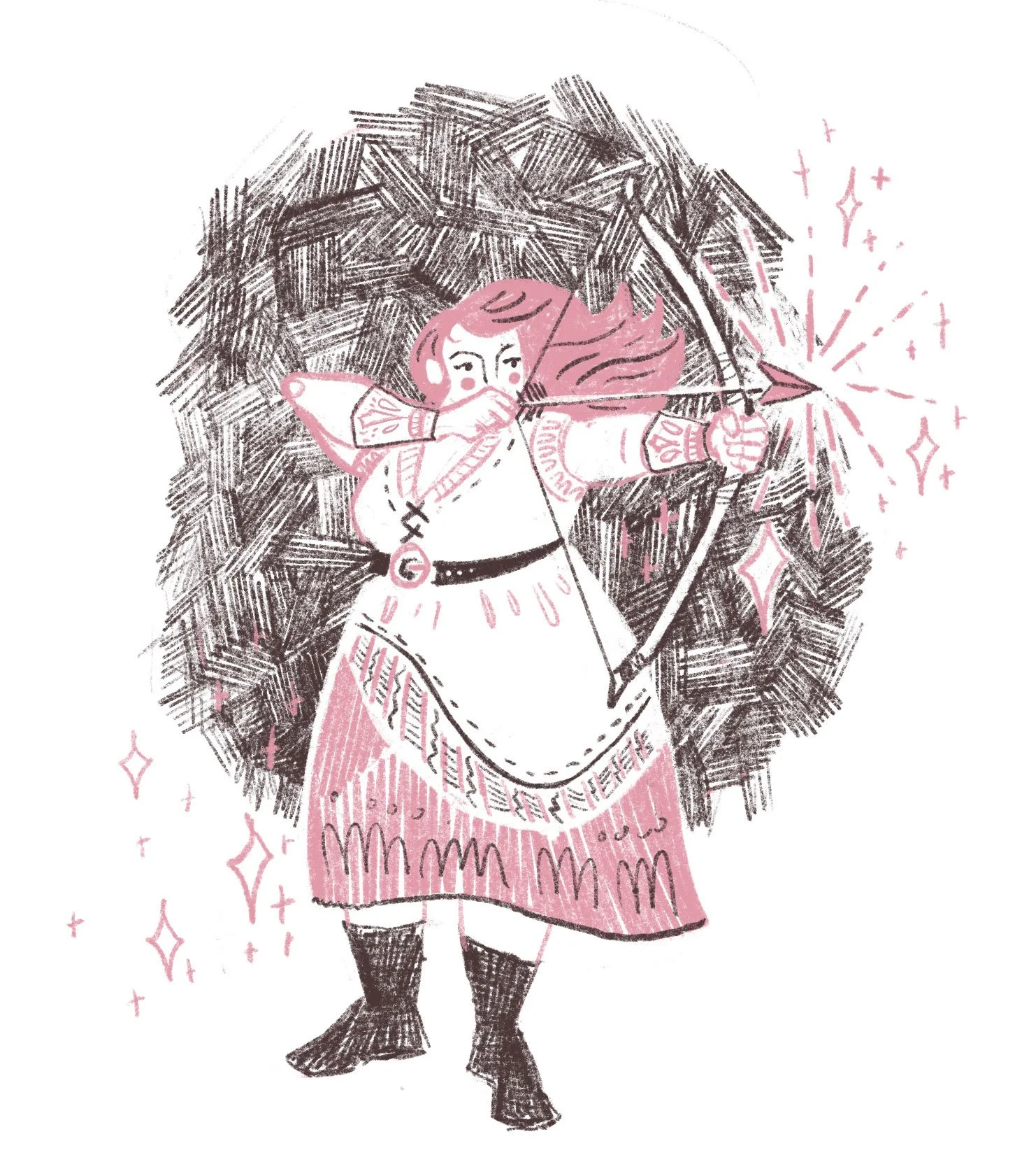 An archer Princesses  wearing a pink dress, black boots, holding a bow and arrow, shooting sparkles, with a textured black background.
