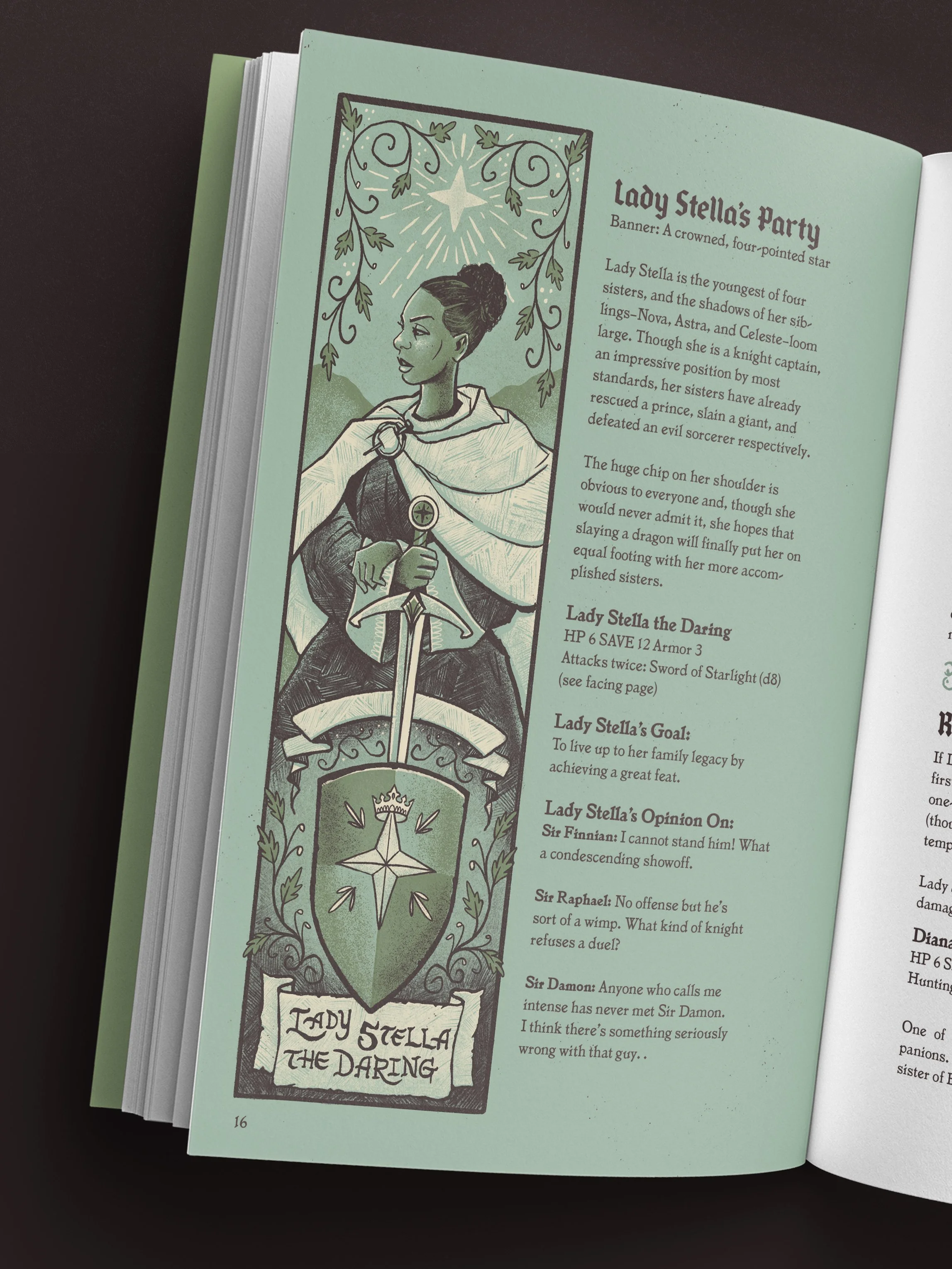 Open book showing a colorful illustrated character of Lady Stella, a young woman with a top bun hairstyle, holding a sword, with decorative lettering reading 'Lady Stella the Daring' on a banner at the bottom of the illustration.