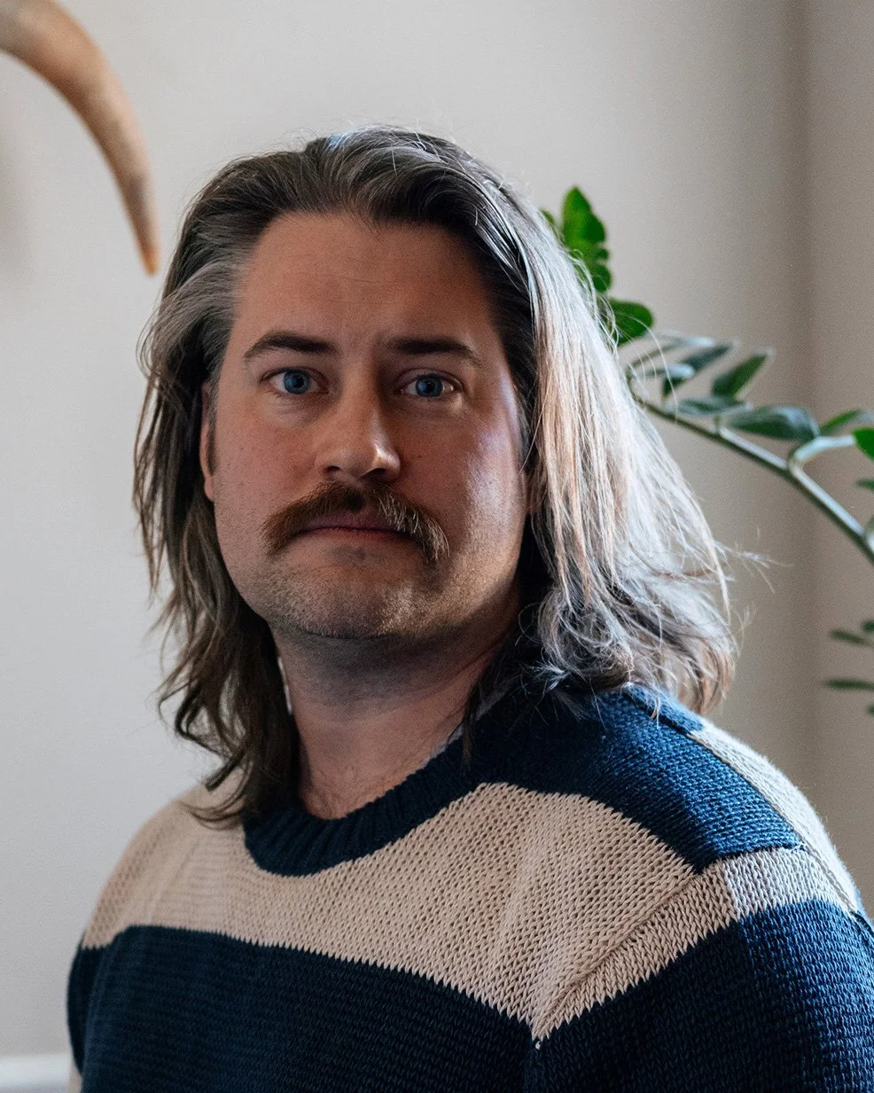 A man with shoulder-length brown hair, blue eyes, and a mustache, wearing a striped sweater, sitting indoors with a potted plant and wall in the background.