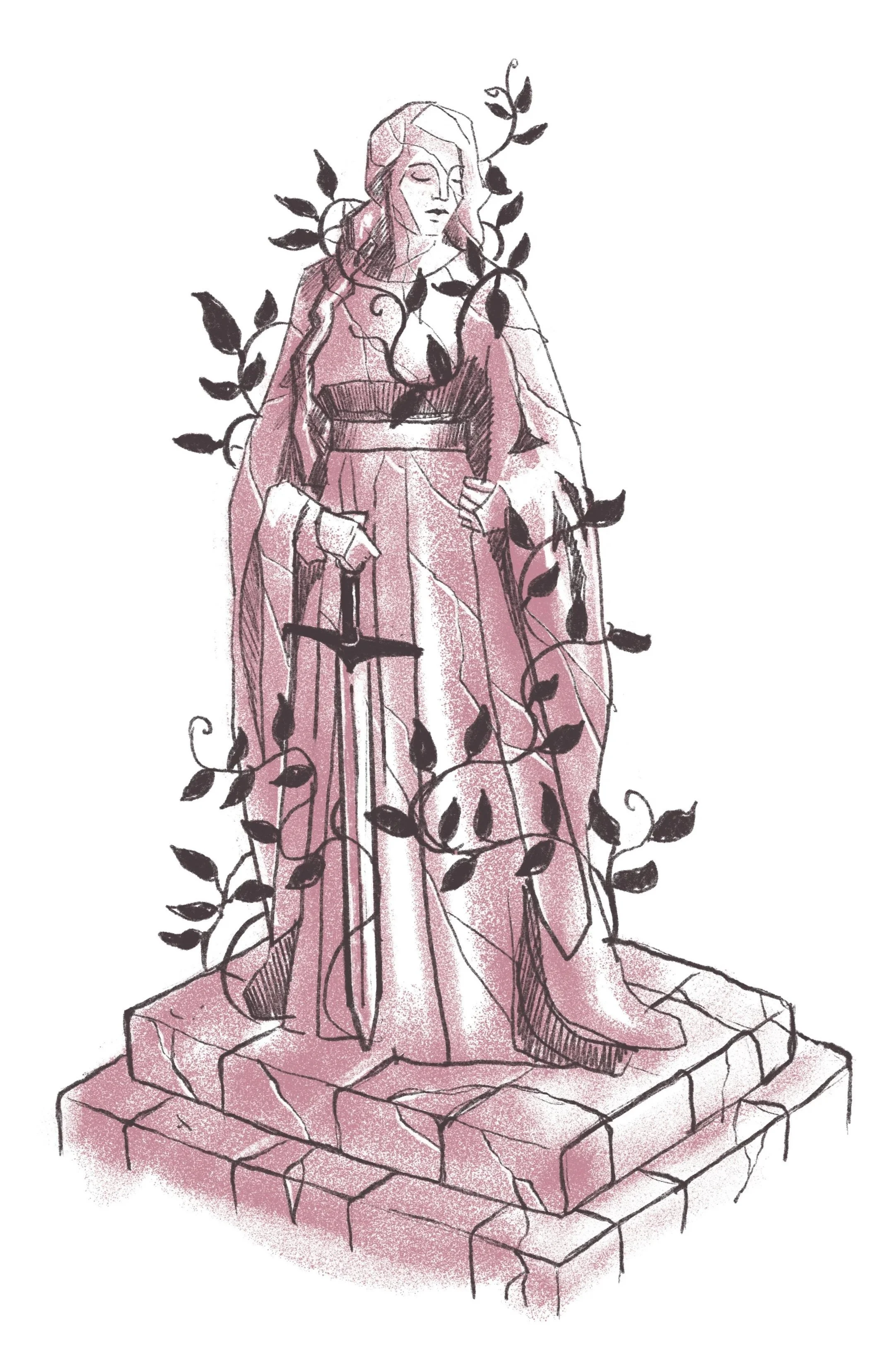 illustration of a statue of a woman standing on a stone pedestal with her eyes closed, surrounded by creeping vines with leaves.