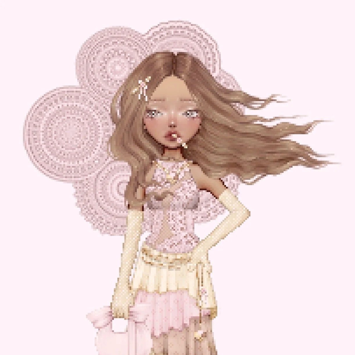 A digital illustration of a young woman with long, flowing hair standing with one hand on her hip. She’s dressed in a pink and beige outfit with lace and ruffles, accessorized with gloves and jewelry. The background features large, pink, circular lace patterns.