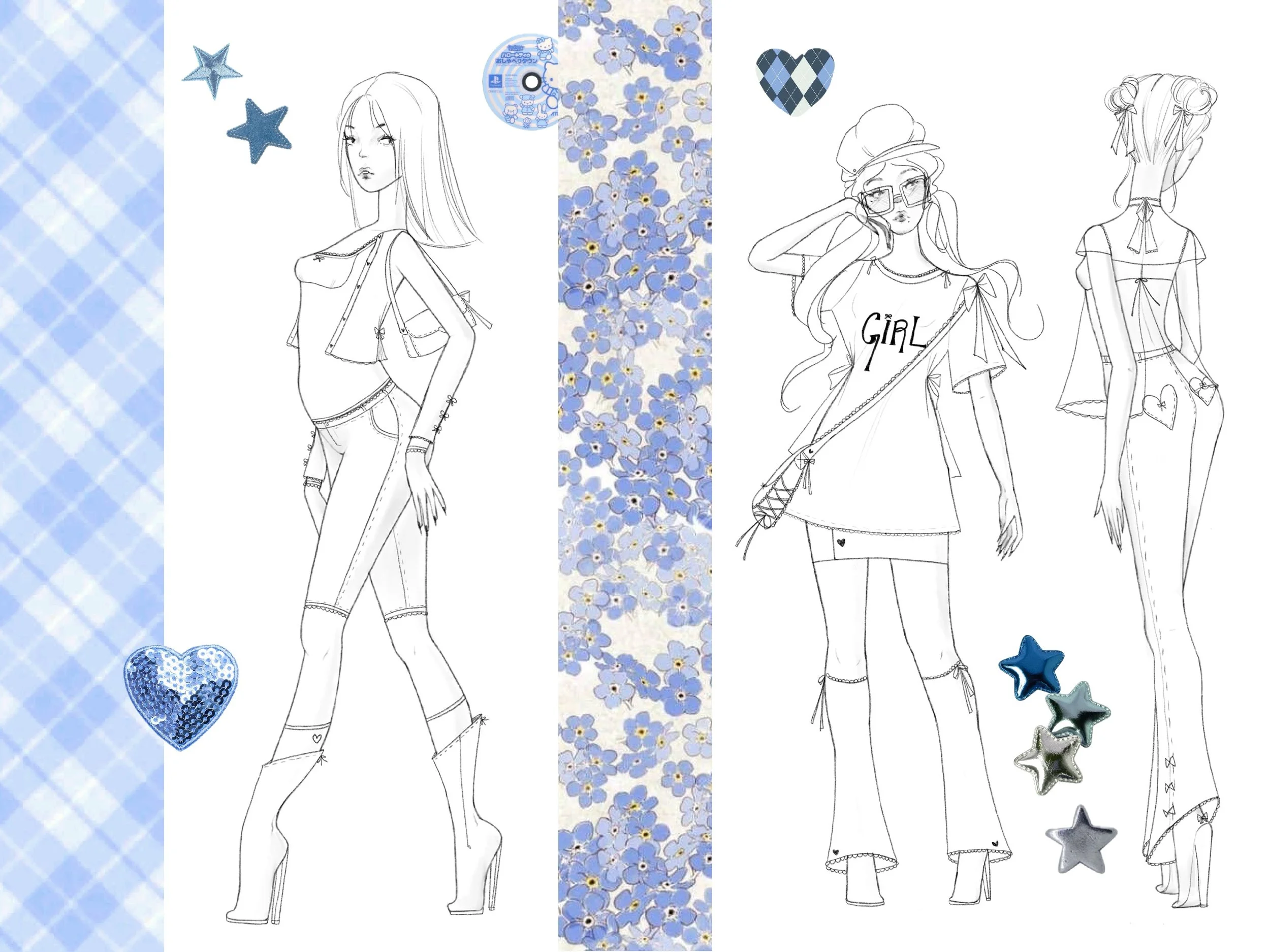 Black-and-white fashion sketches of three girls with decorative elements such as stars, hearts, and balloons, set against blue floral and plaid patterned backgrounds.