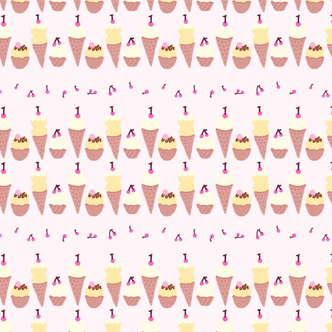 Pattern of ice cream cones with cherries and whipped cream on a pink background.