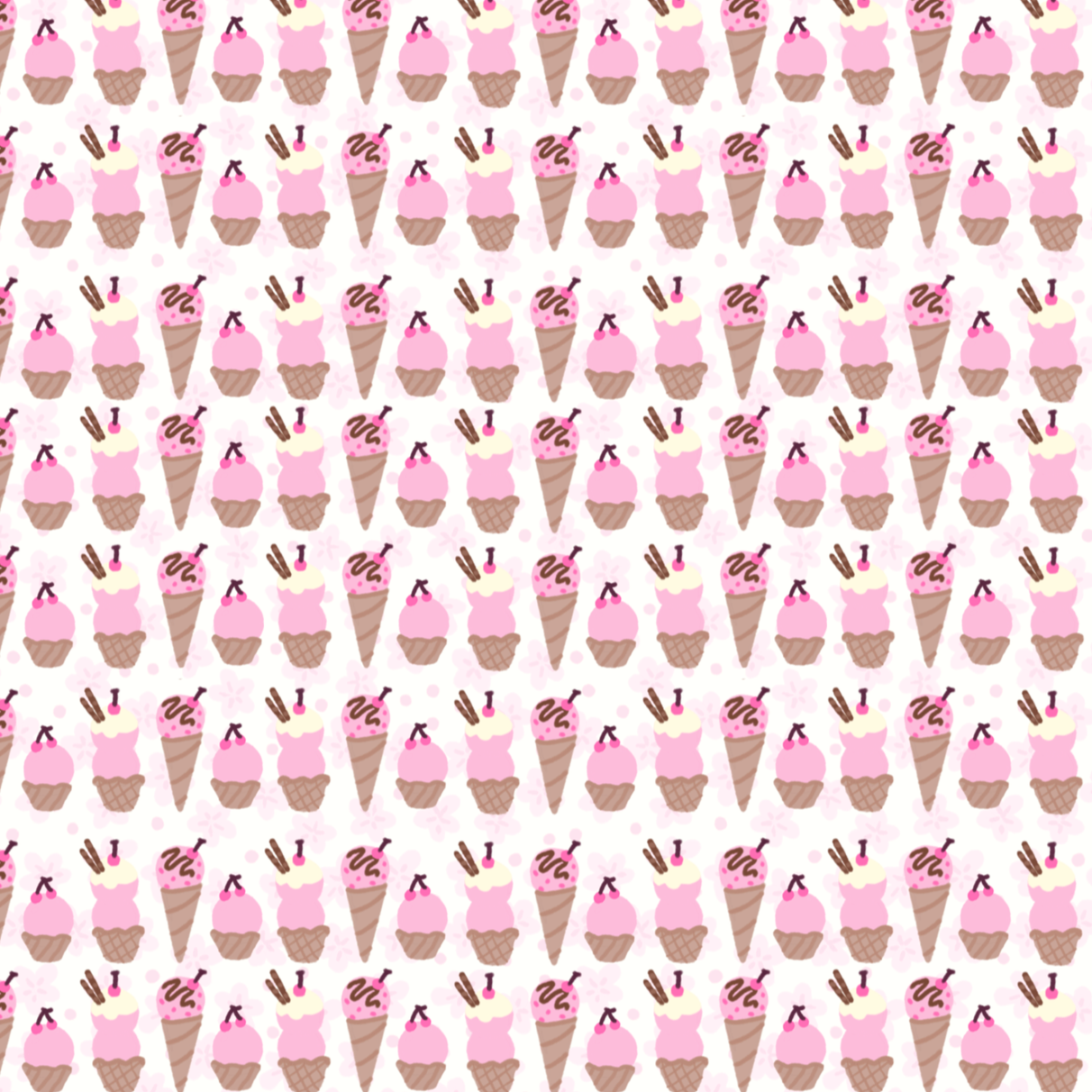 Repeating pattern of pink ice cream cones with cherry and chocolate drizzle, white flowers, and pink cherry blossoms.