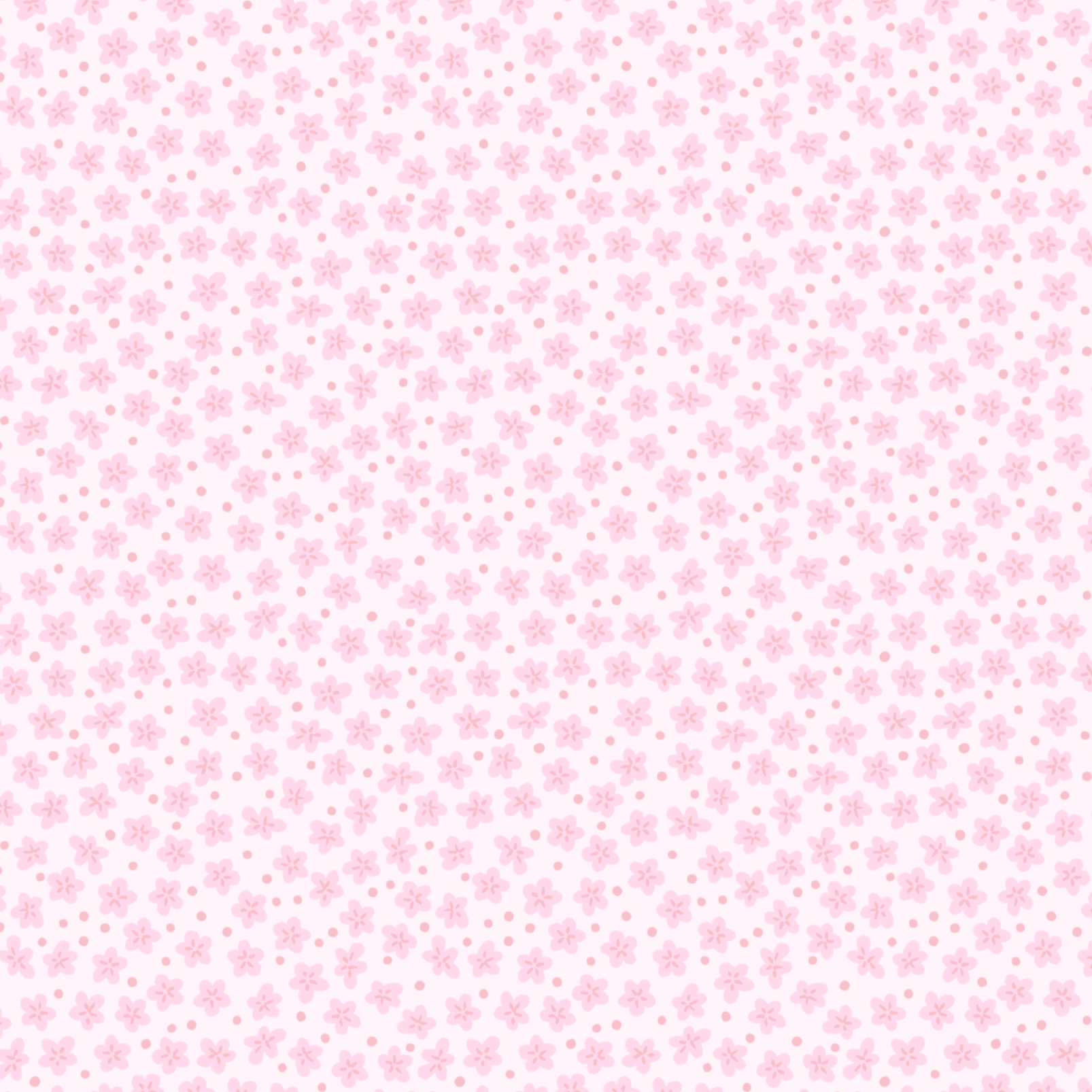 Pink background with small cherry blossom flowers and dots scattered across the surface.