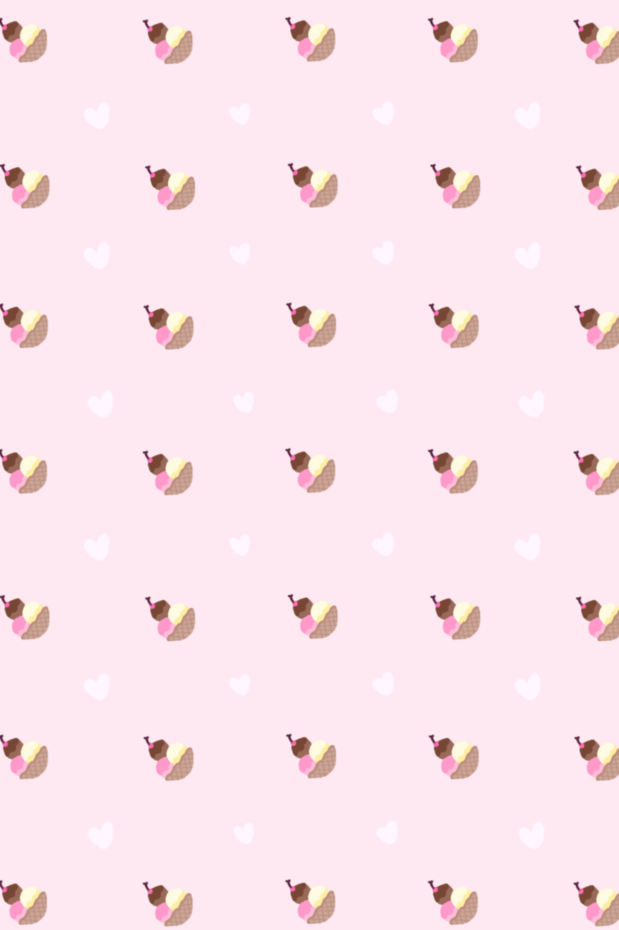 Pattern of cartoon ice cream sundaes with chocolate, vanilla, and pink ice cream, on a light pink background with white hearts.