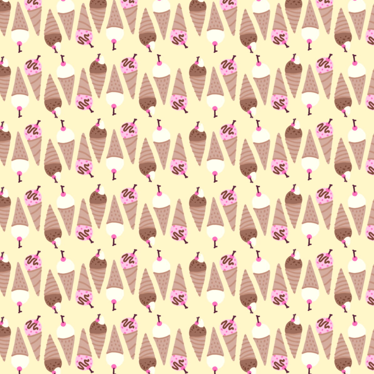 Pattern of various ice cream cones with pink, white, and chocolate ice cream flavors, some topped with pink sprinkles, set on a light yellow background.
