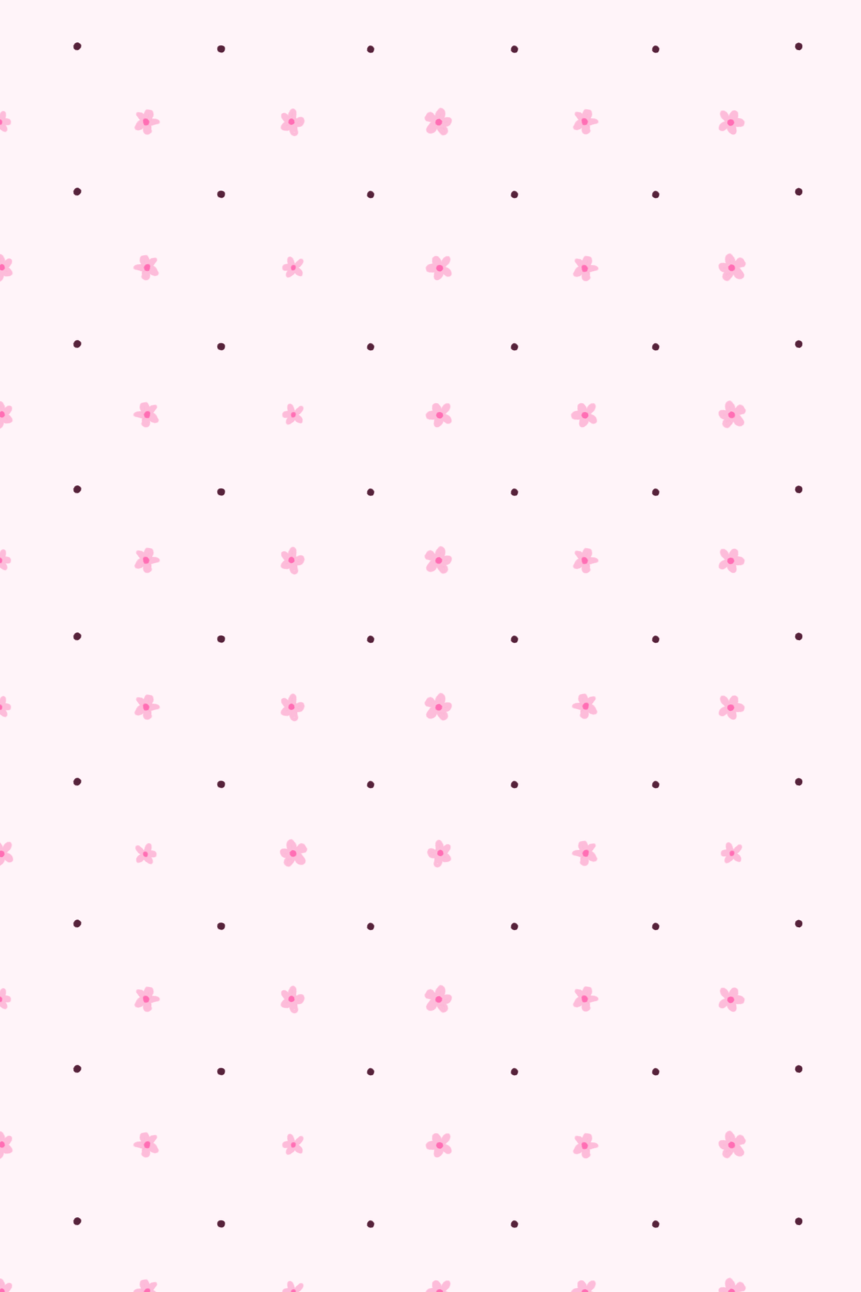 Pink background with small pink flowers and dark dots arranged in a pattern.