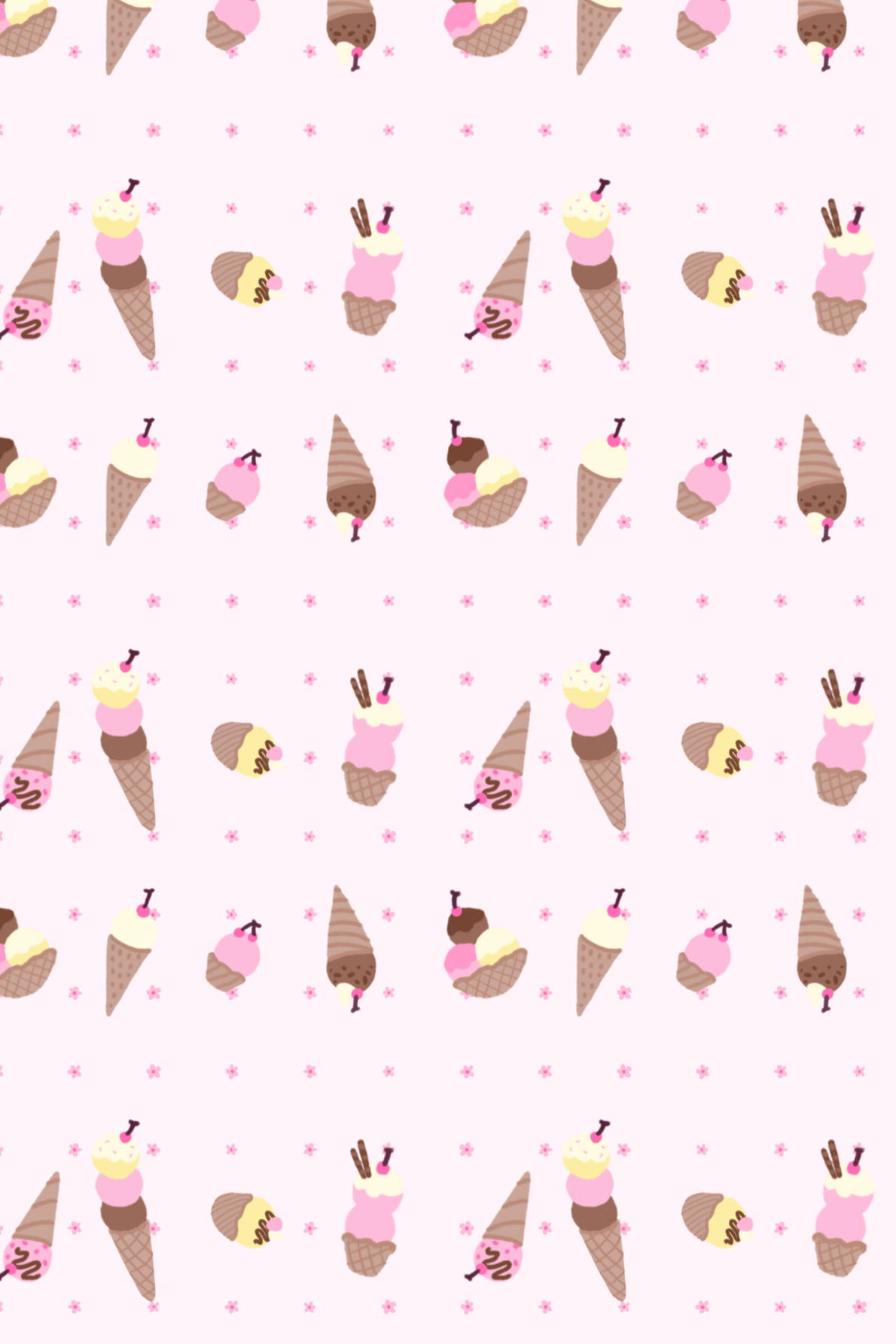 Pattern of various ice cream cones, ice cream scoops, and small pink flowers on a light pink background.