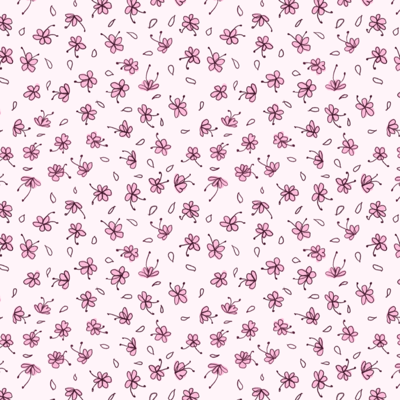 Pattern of small pink flowers with dark stems and scattered leaves on a light pink background.