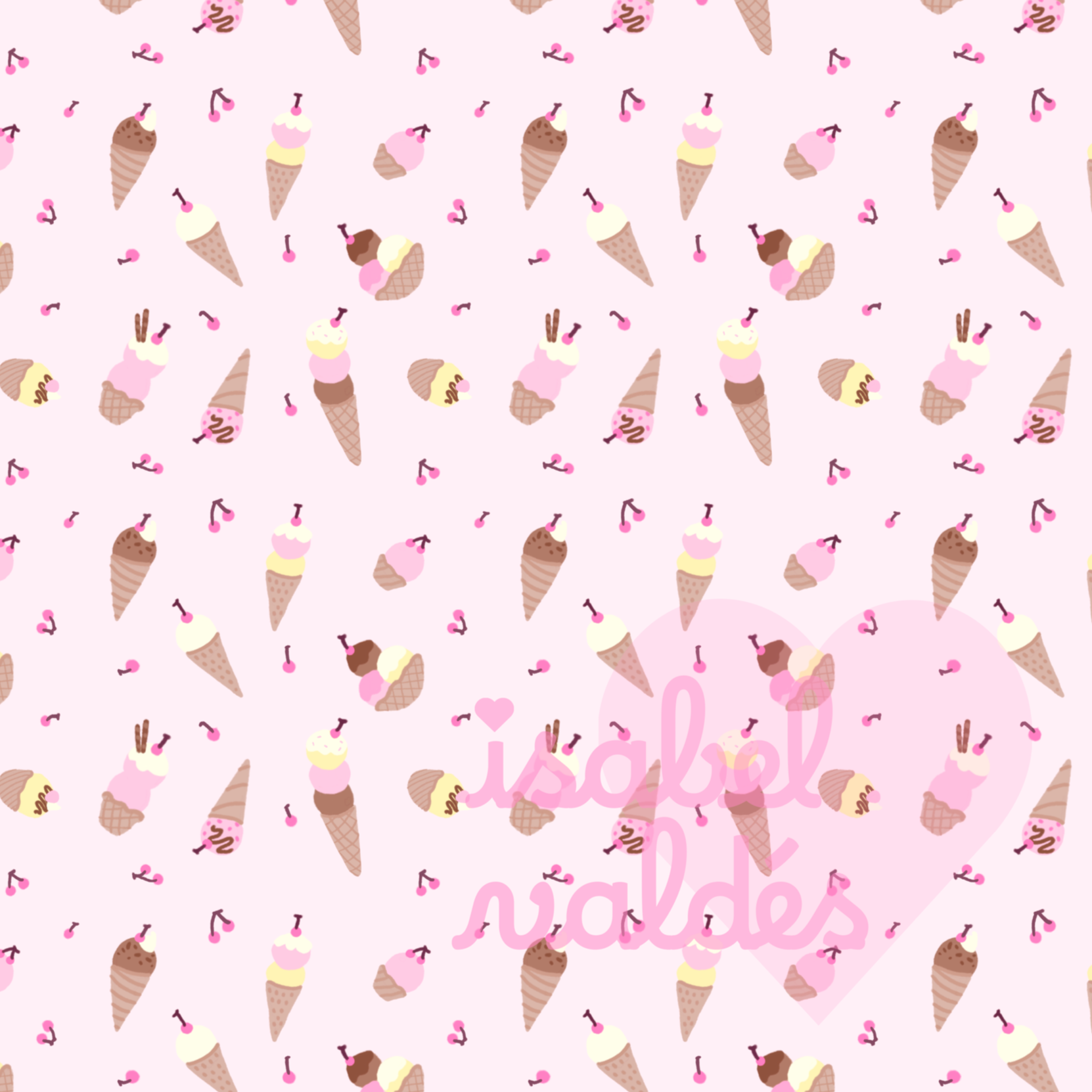 Pattern of various ice cream cones, ice cream scoops, and small pink flowers on a light pink background.