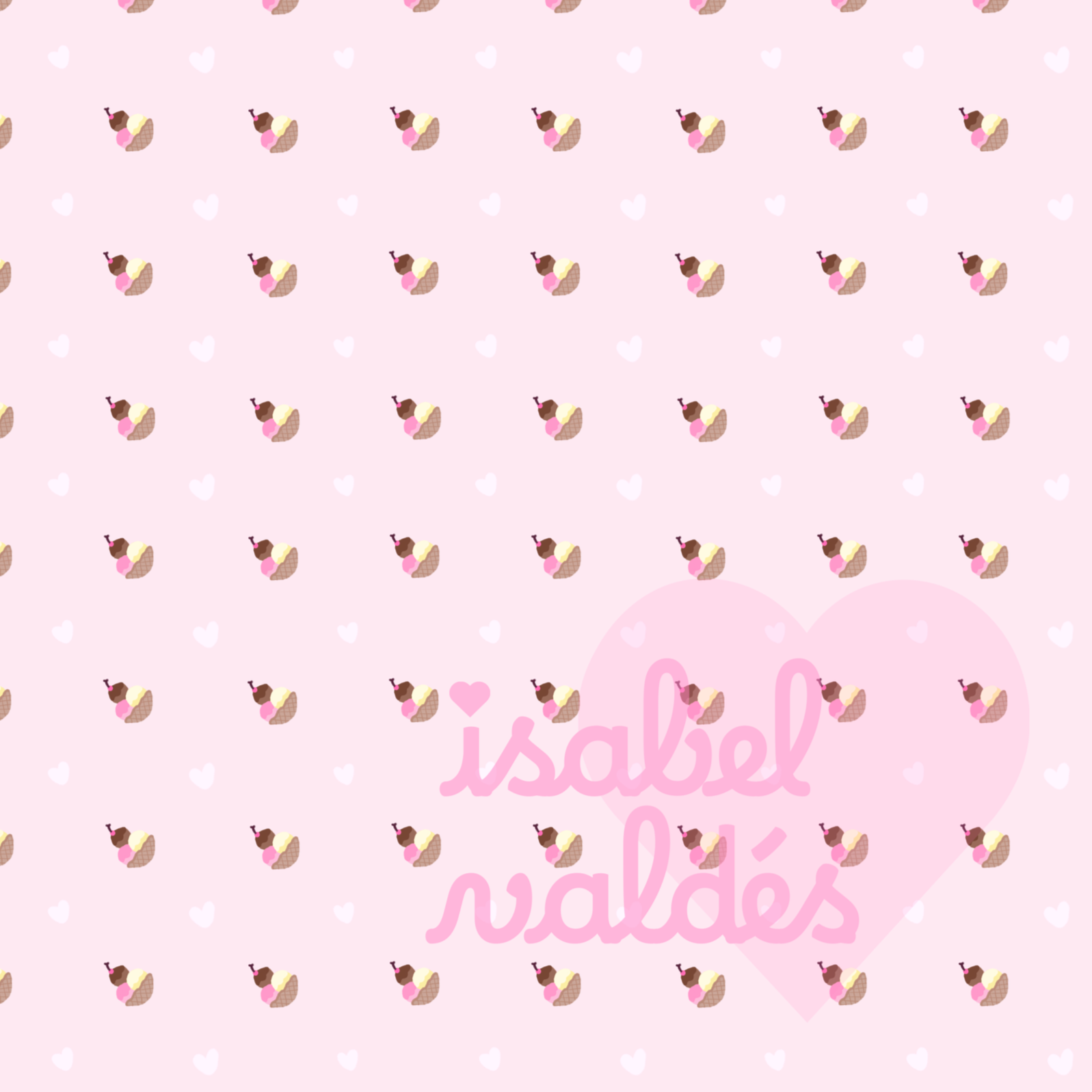 Pattern of cartoon ice cream sundaes with chocolate, vanilla, and pink ice cream, on a light pink background with white hearts.