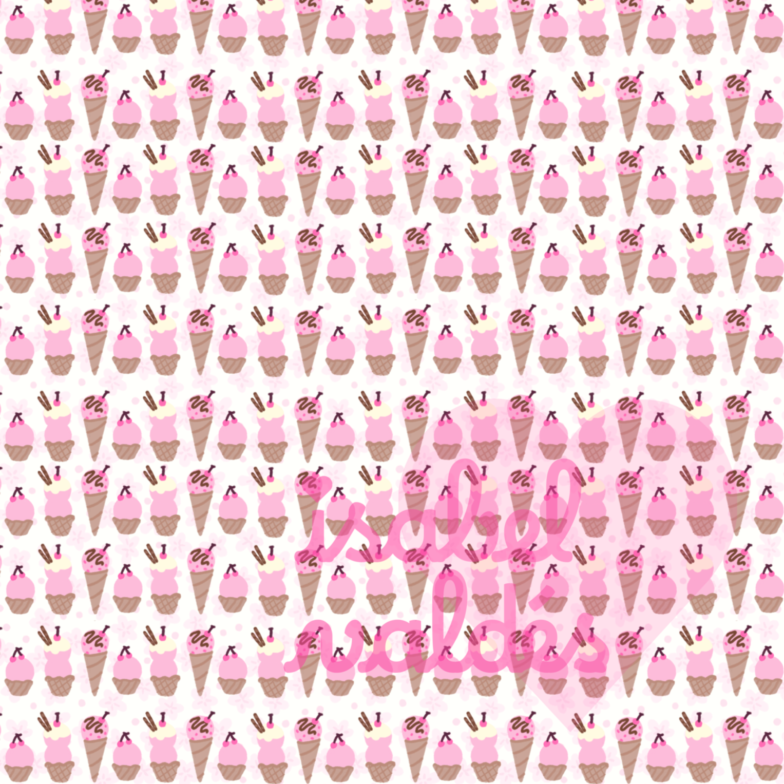 Repeating pattern of pink ice cream cones with cherry and chocolate drizzle, white flowers, and pink cherry blossoms.