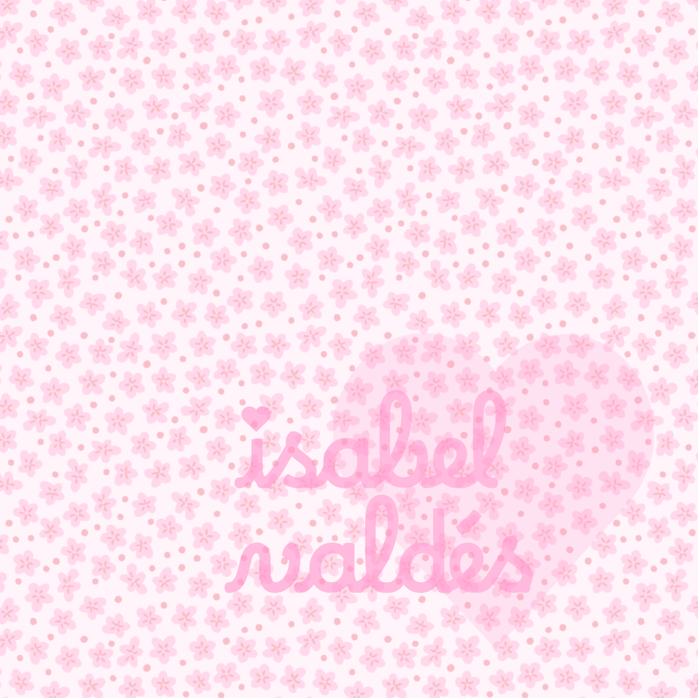 Pink background with small cherry blossom flowers and dots scattered across the surface.