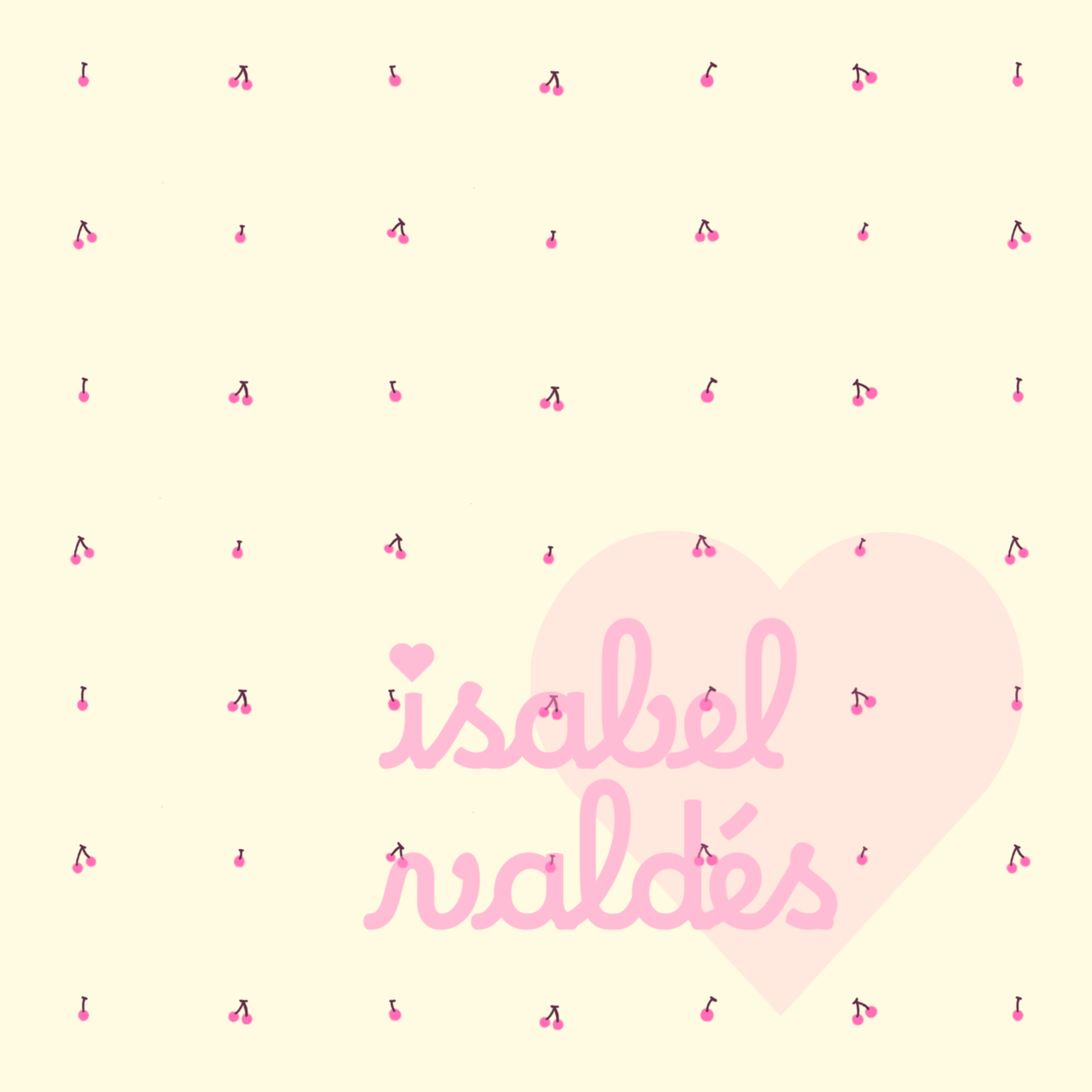 Pattern of pink cherries on a pale yellow background.