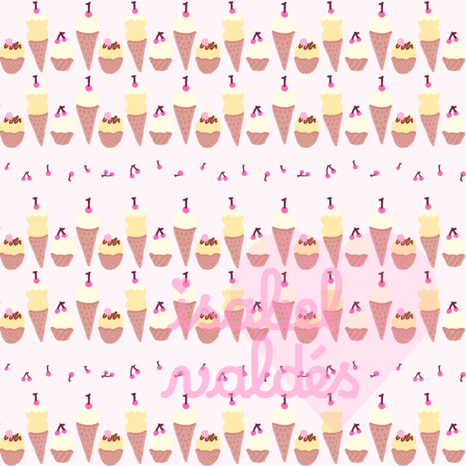 Pattern of ice cream cones with cherries and whipped cream on a pink background.