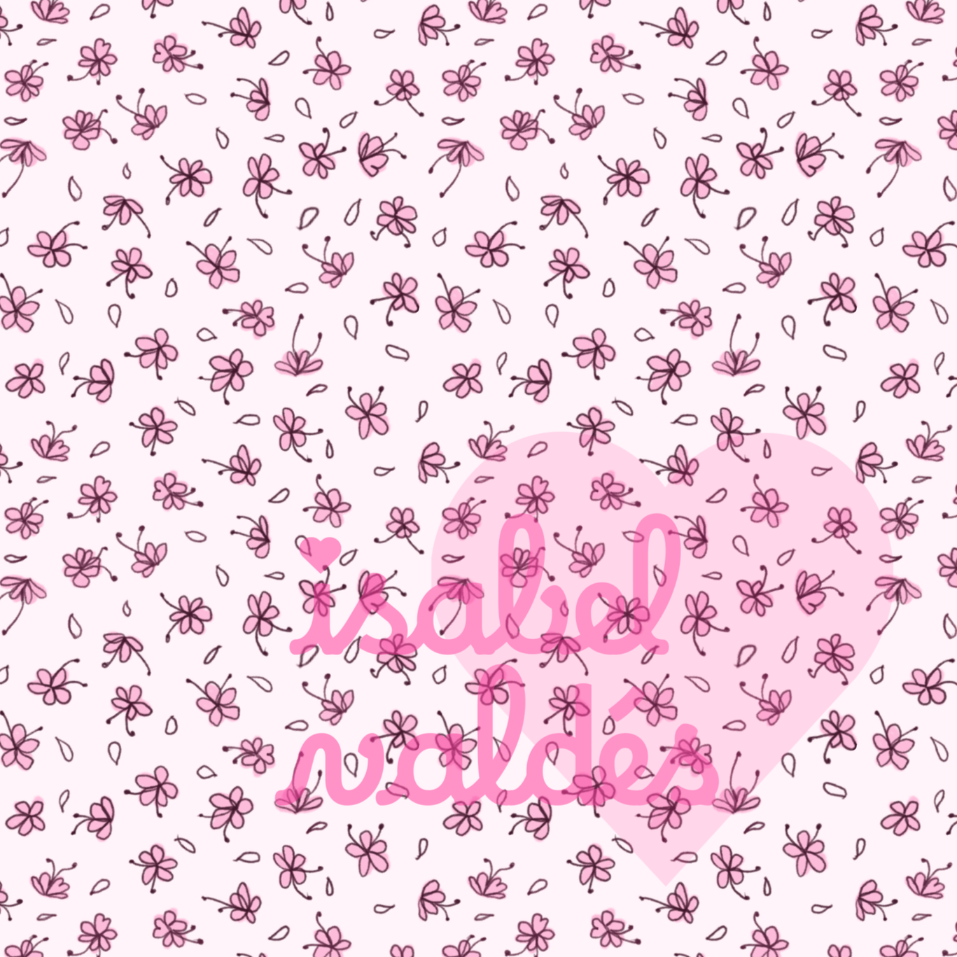Pattern of small pink flowers with dark stems and scattered leaves on a light pink background.