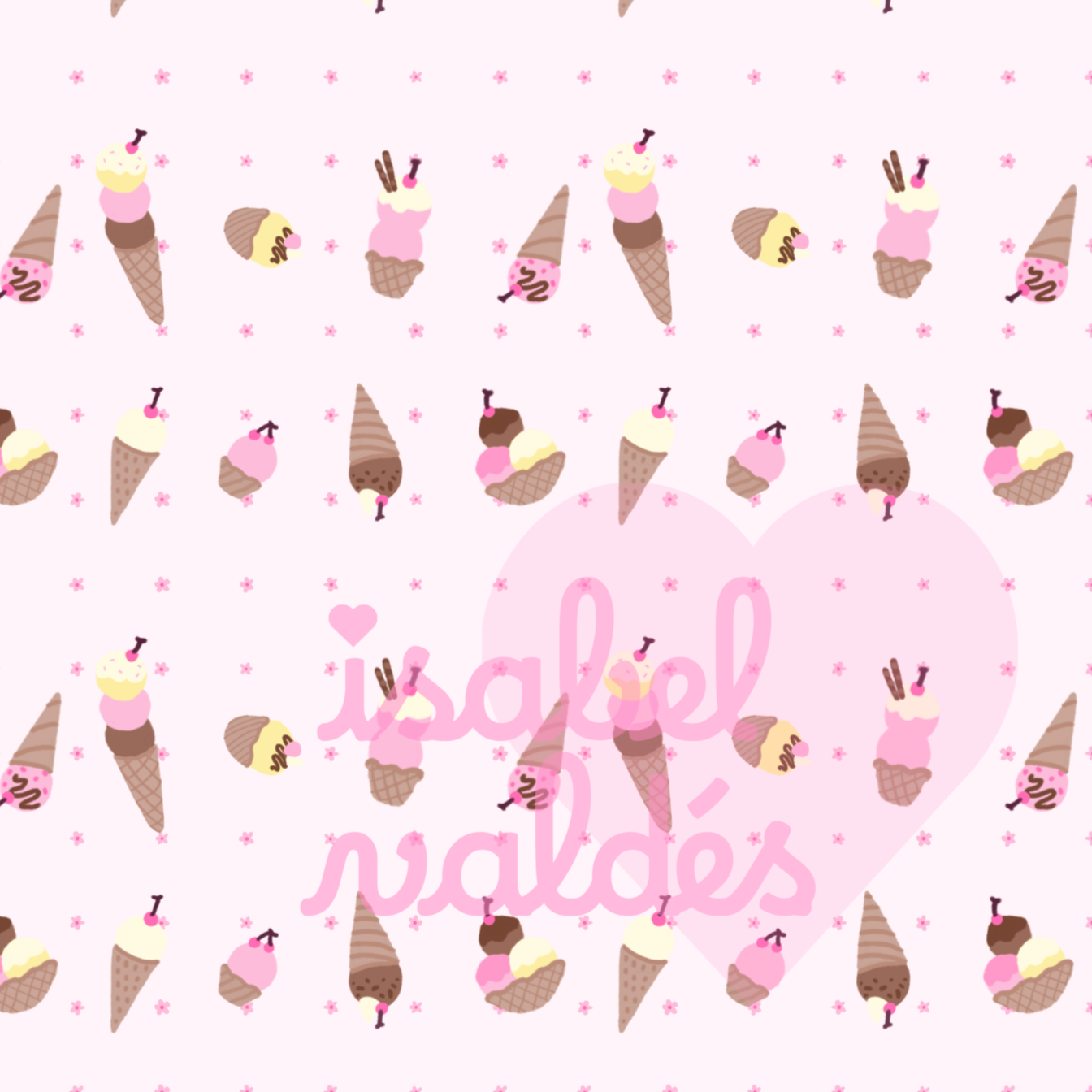 Pattern of ice cream cones with cherries and whipped cream on a pink background.