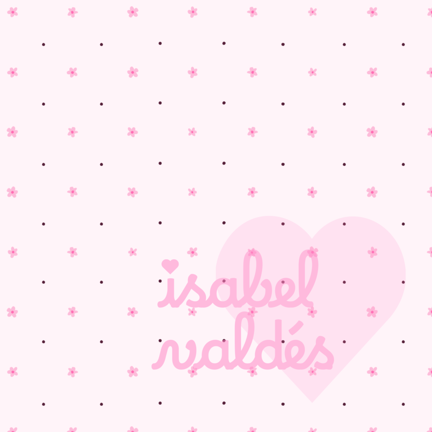 Pink background with small pink flowers and dark dots arranged in a pattern.
