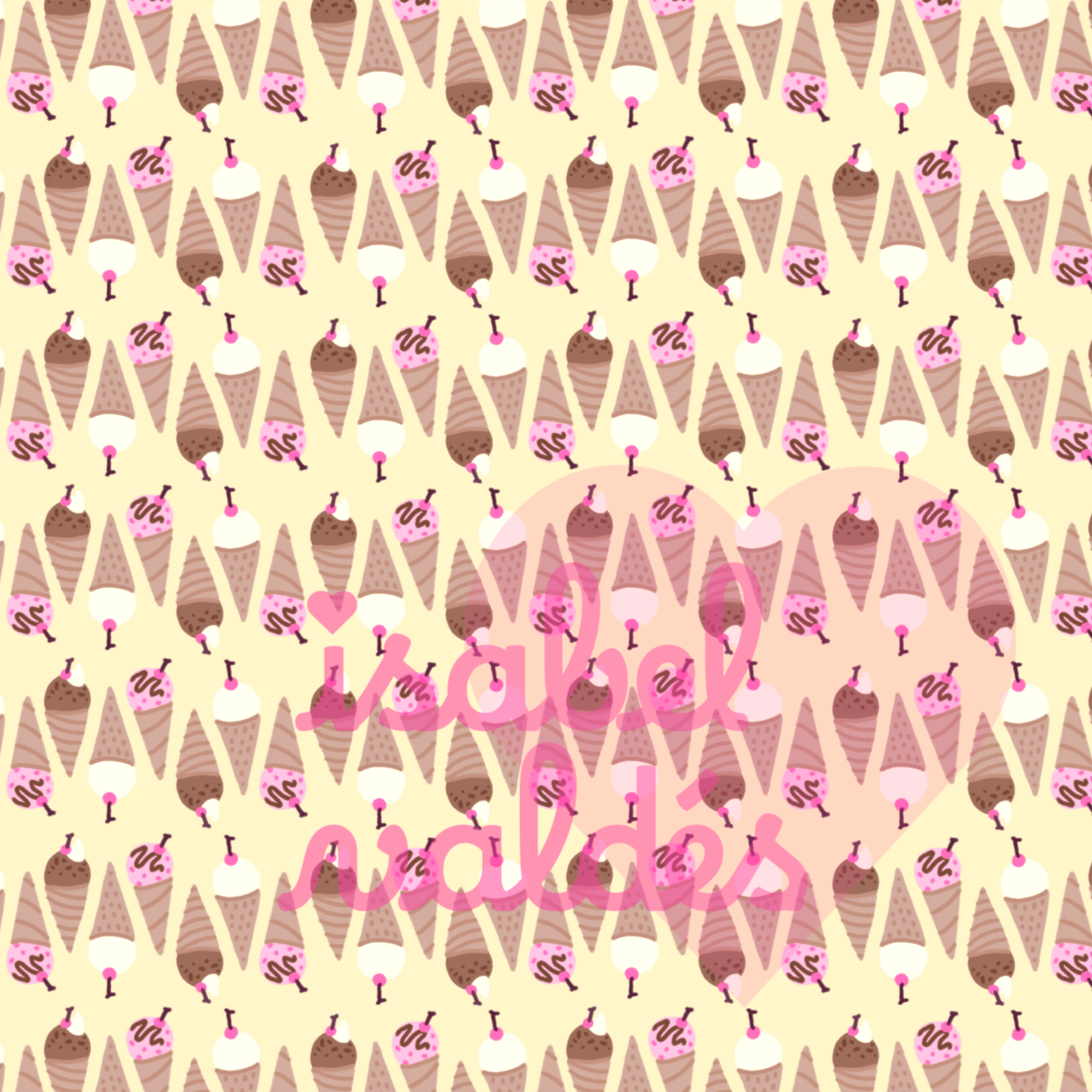 Pattern of various ice cream cones with pink, white, and chocolate ice cream flavors, some topped with pink sprinkles, set on a light yellow background.