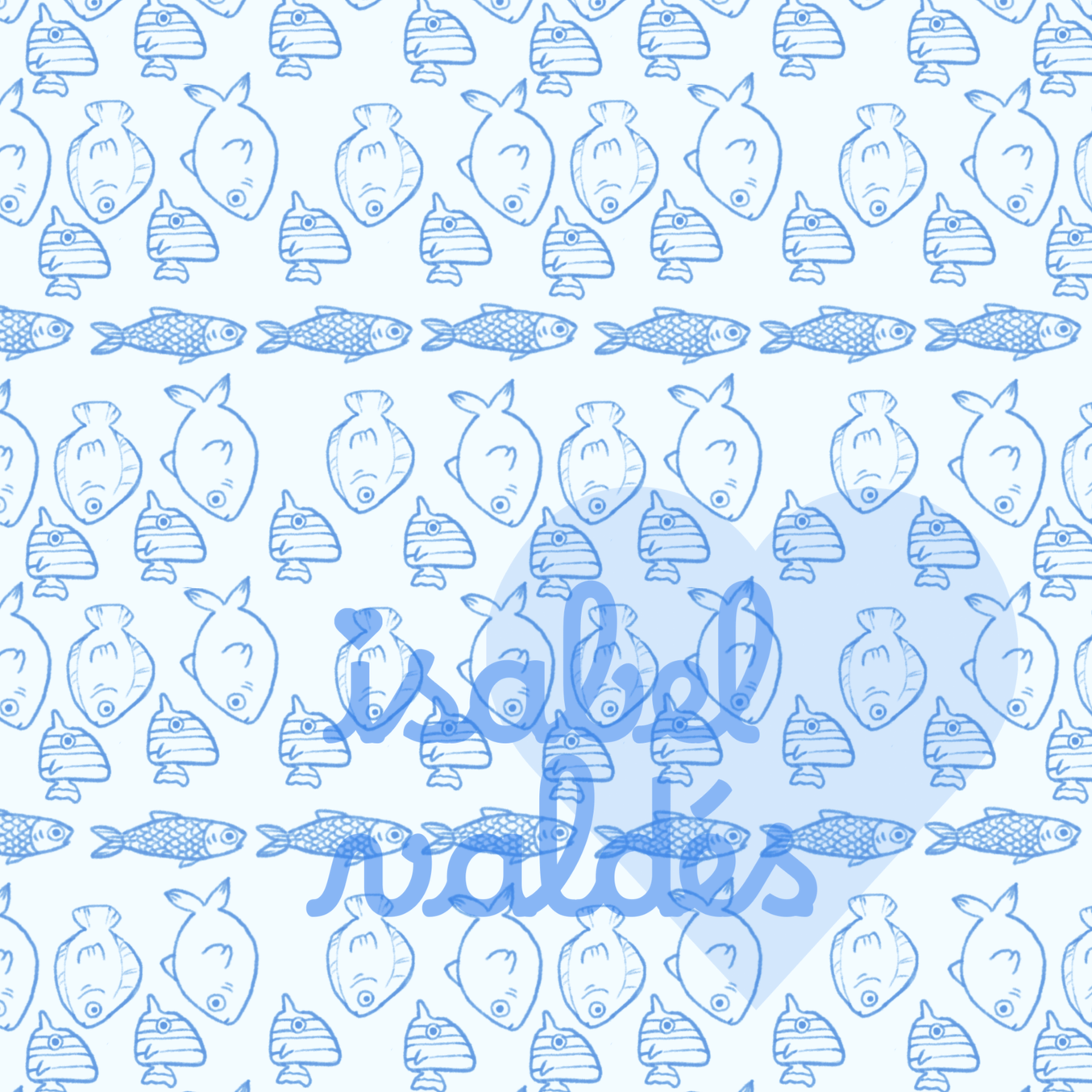 Pattern of blue fish, frogs, and turtles illustrated in a repeating design.