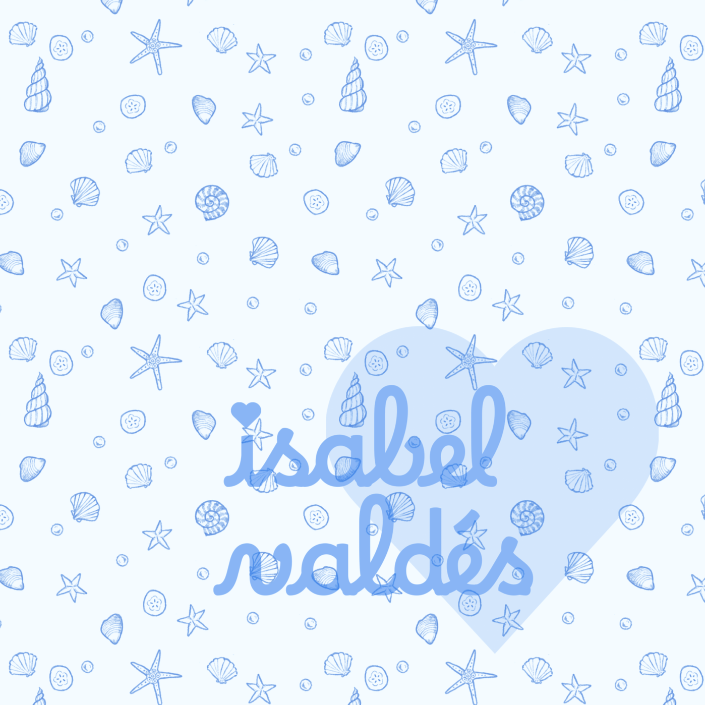 Pattern of various sea shells, starfish, and small bubbles on a light blue background.
