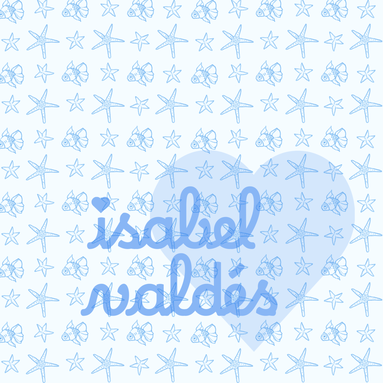 Pattern of blue outlined starfish and fish on a light blue background.