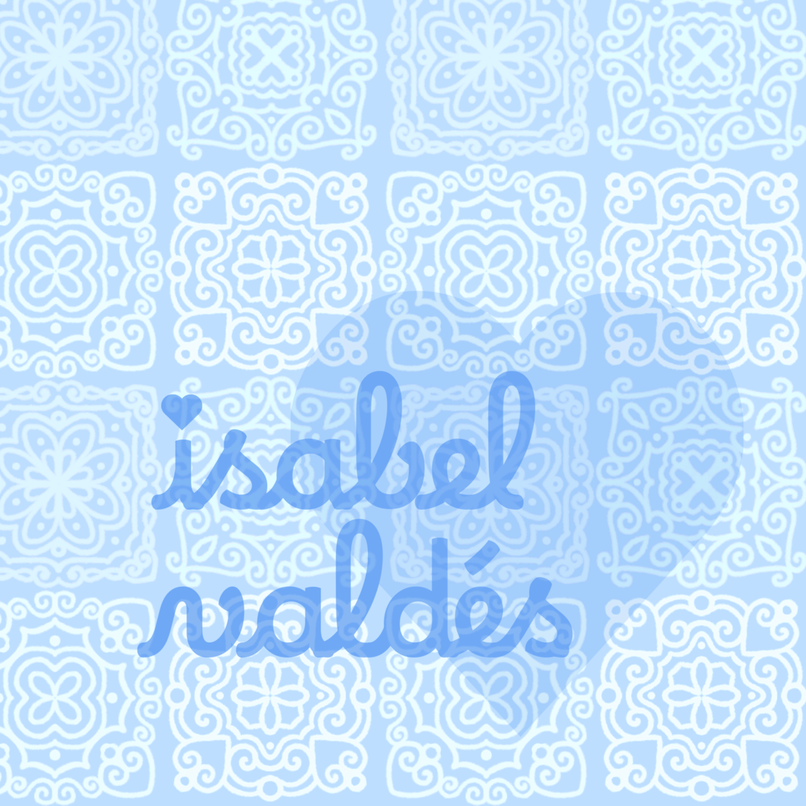 Light blue background with white ornate floral and geometric pattern in a tile arrangement.