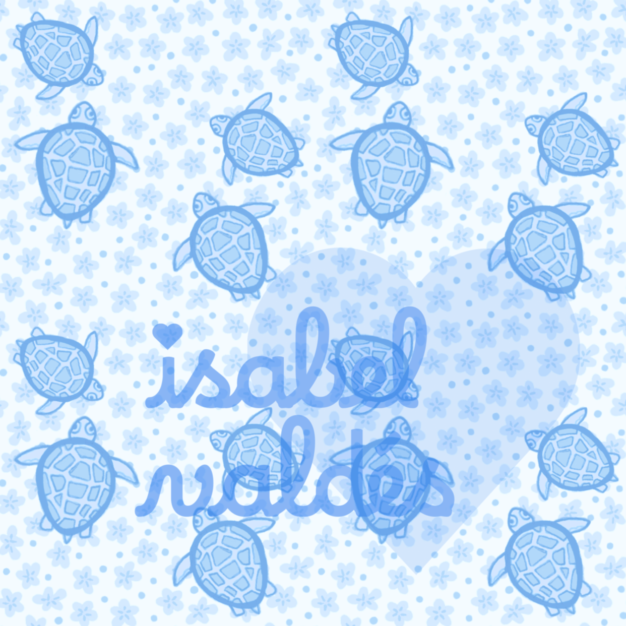Pattern with blue turtles and light blue flowers on a white background.