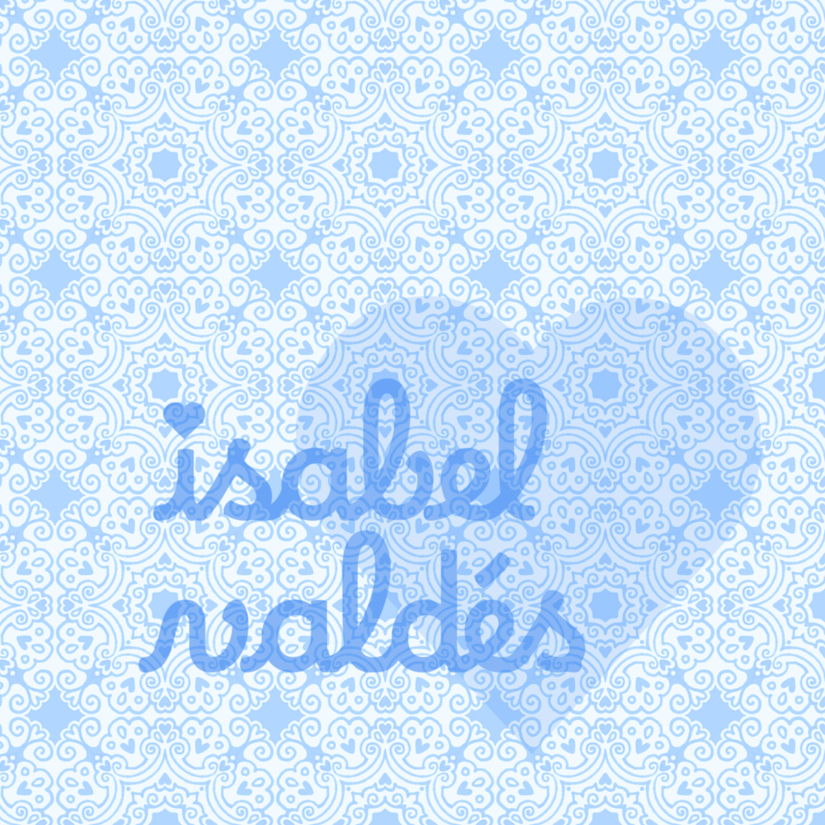 A pattern of intricate, light blue and white ornamental floral designs repeating seamlessly.