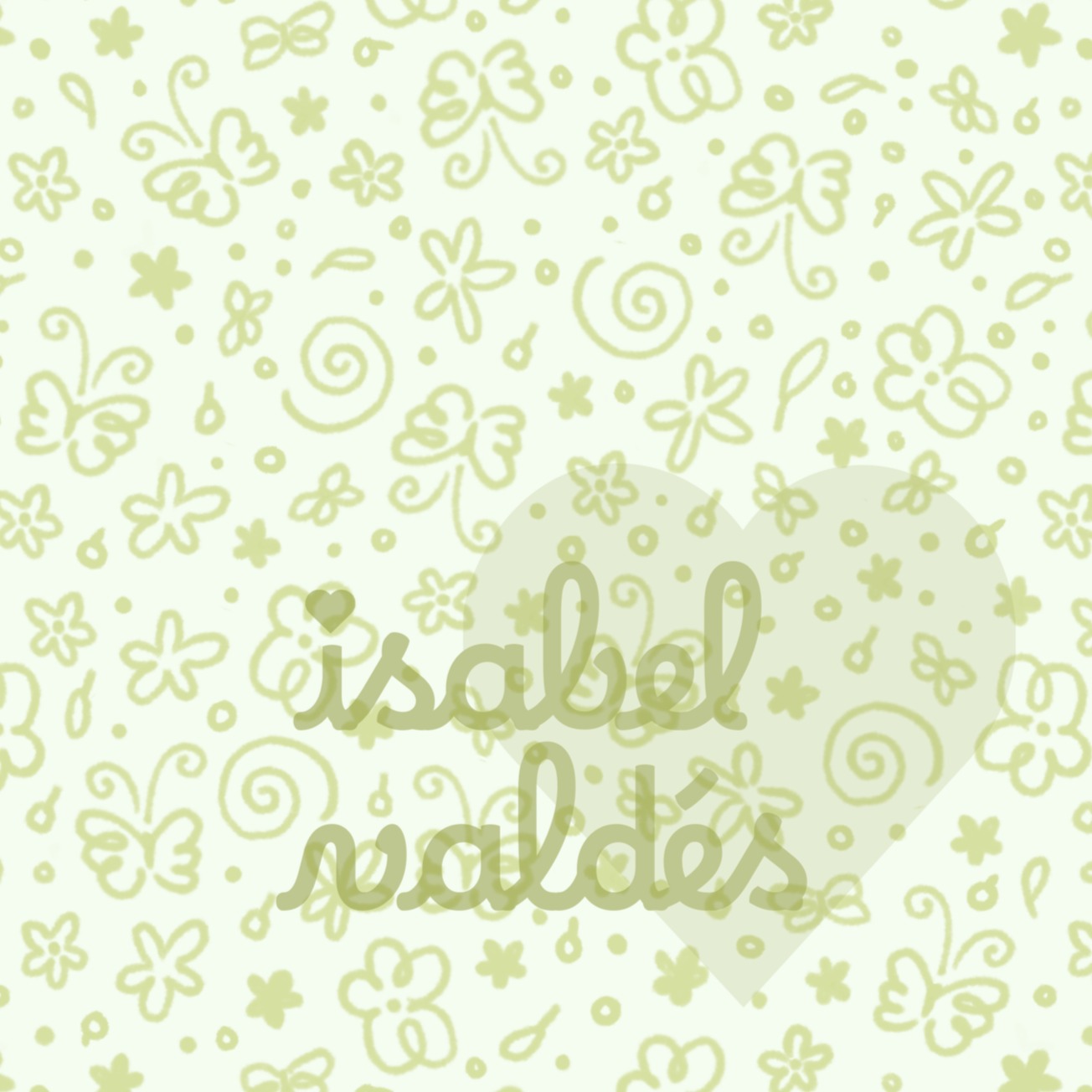 Light green background with a pattern of outlined butterflies, flowers, and swirls.