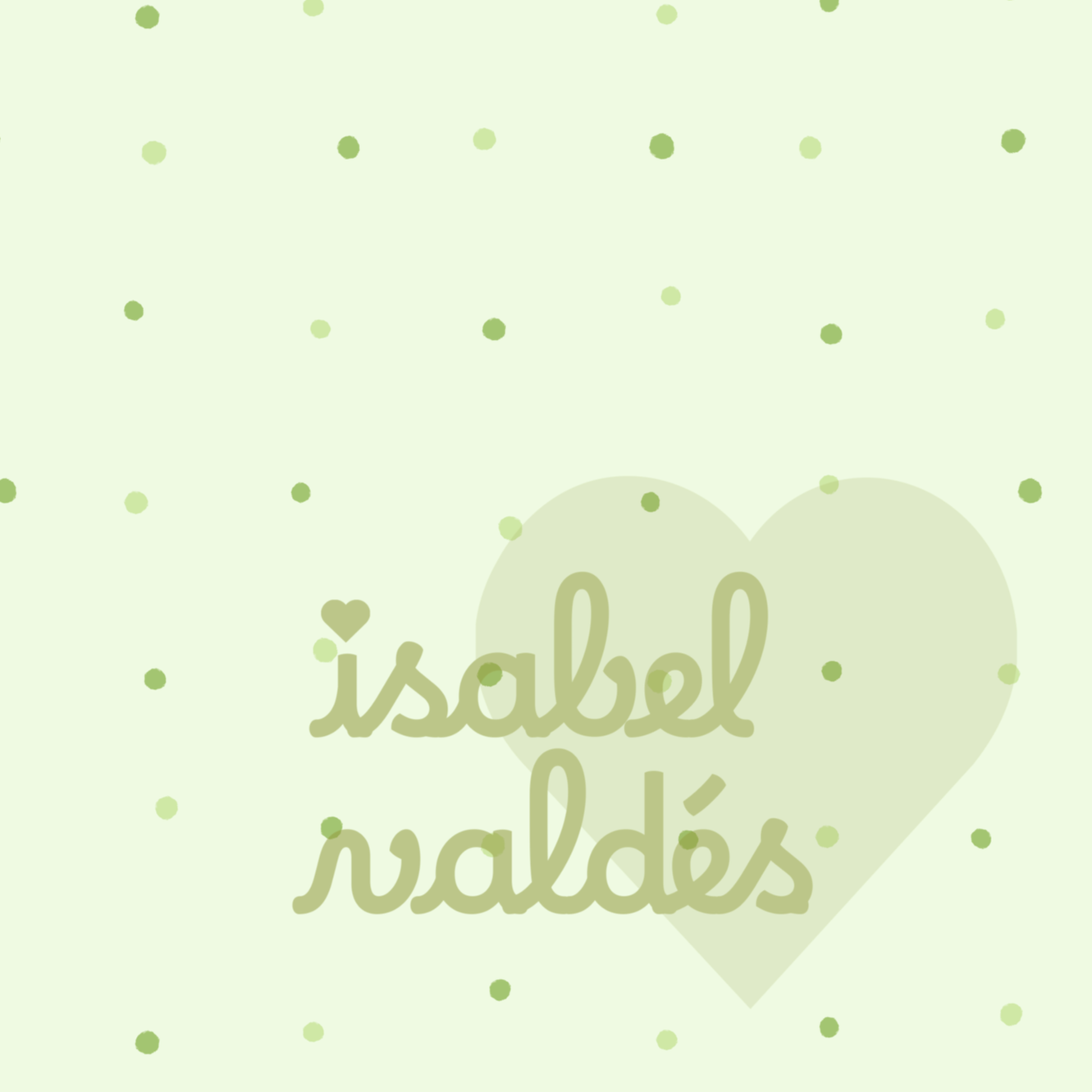 Light green background with darker green polka dots and a large heart shape with the words 'isabel loves' in the center.