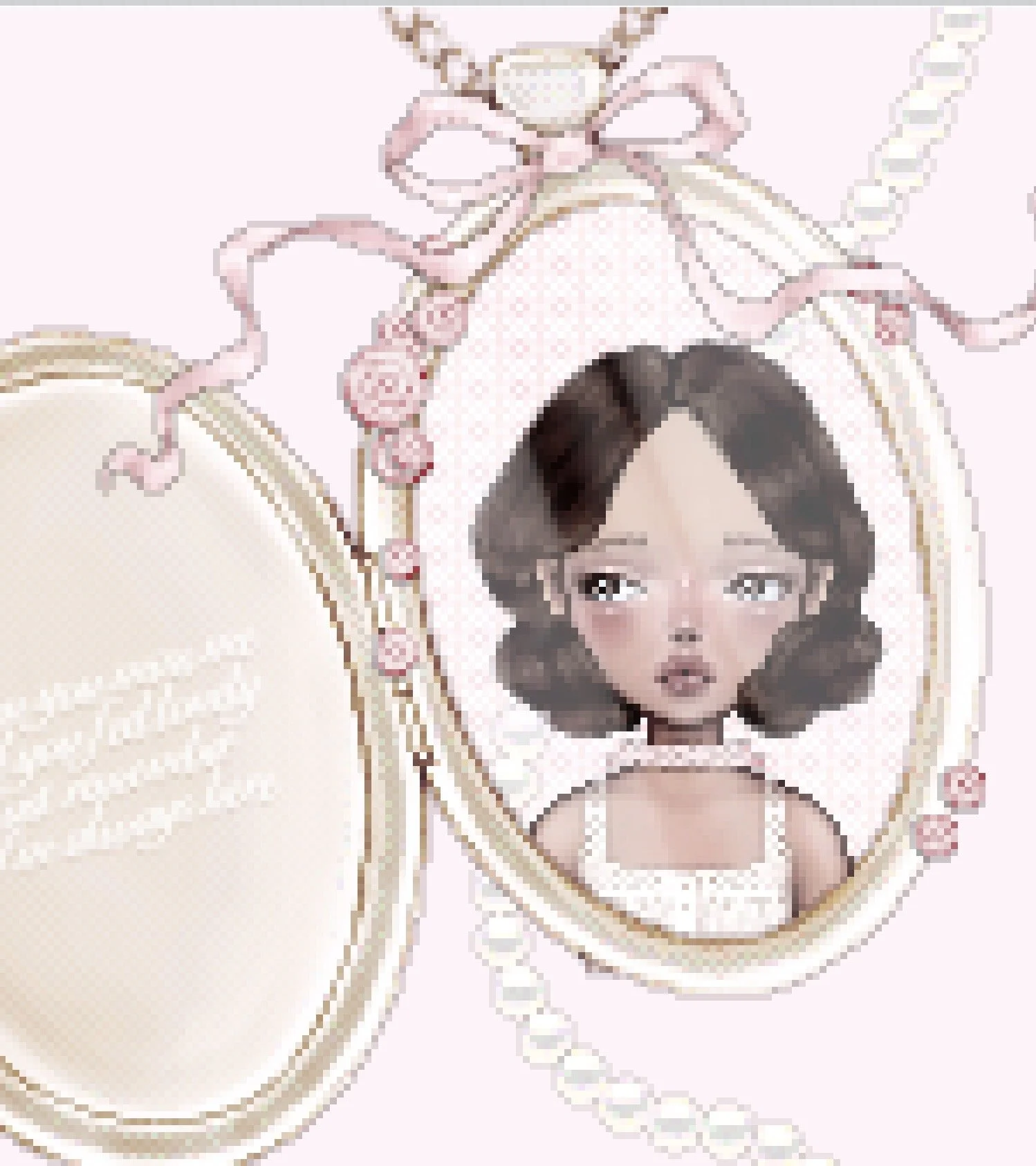 A decorative jewelry box with a framed picture of a young girl inside, surrounded by pink ribbons and beads, set against a light pink background.