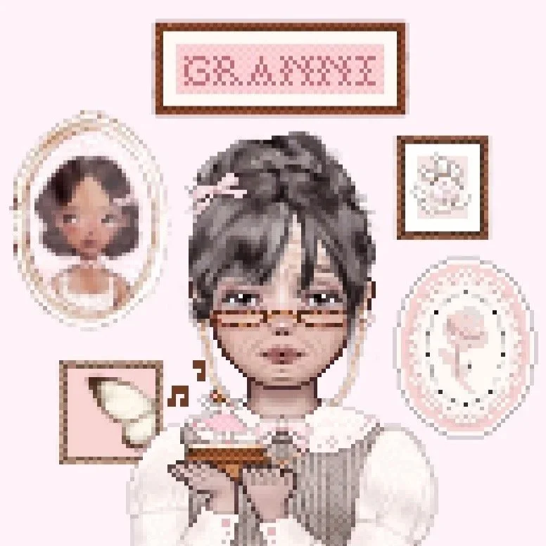 A pixelated illustration of a woman with short, dark hair, wearing glasses, holding a cupcake. The background has framed pictures of a girl, a butterfly, and a flower, with a sign that says 'GRAFFITI' at the top.