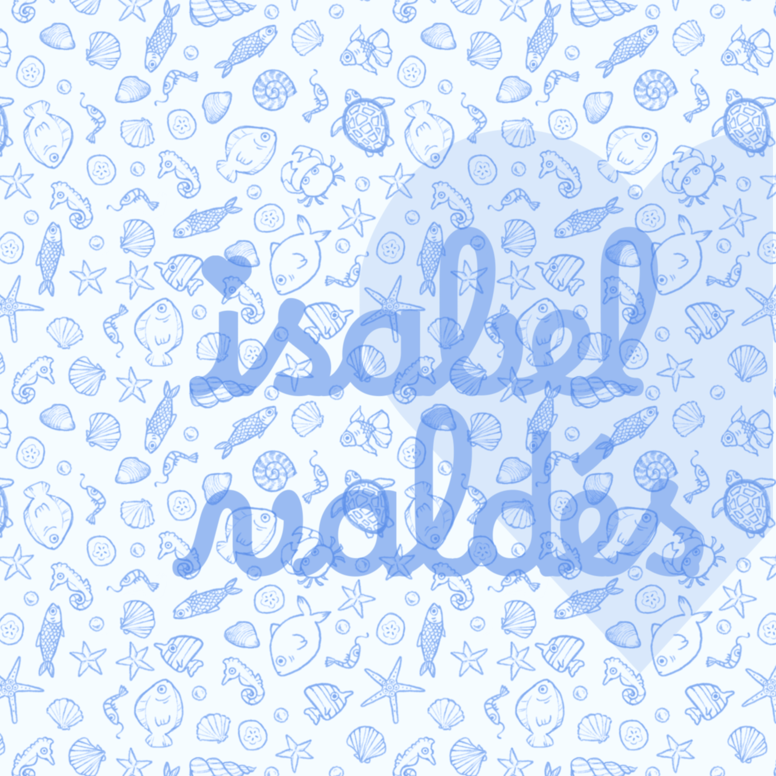 Pattern of various sea creatures including fish, seahorses, crabs, starfish, shells, and sea turtles in light blue outline on a darker blue background.