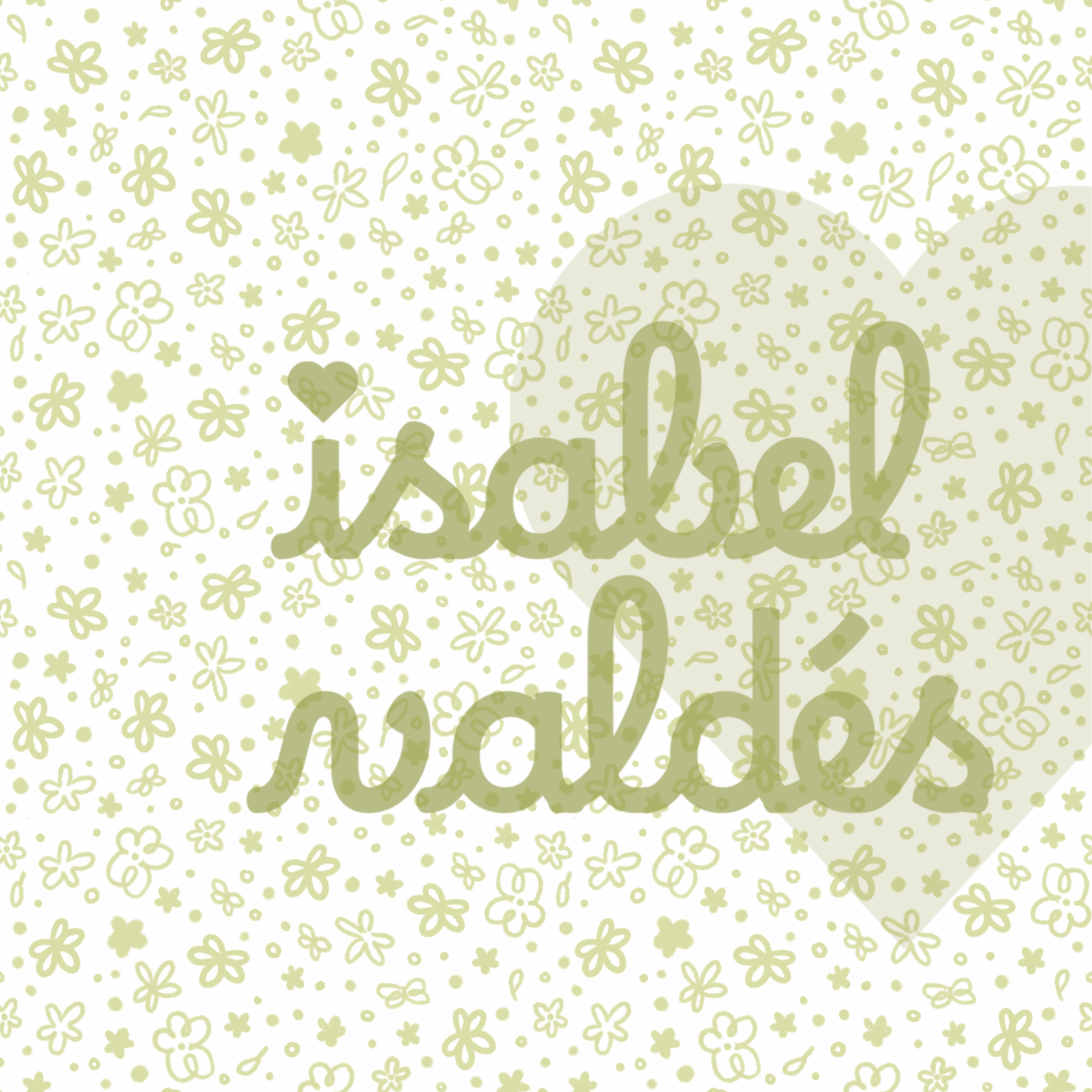 Pattern of green outlined flowers, butterflies, and dots on a white background.