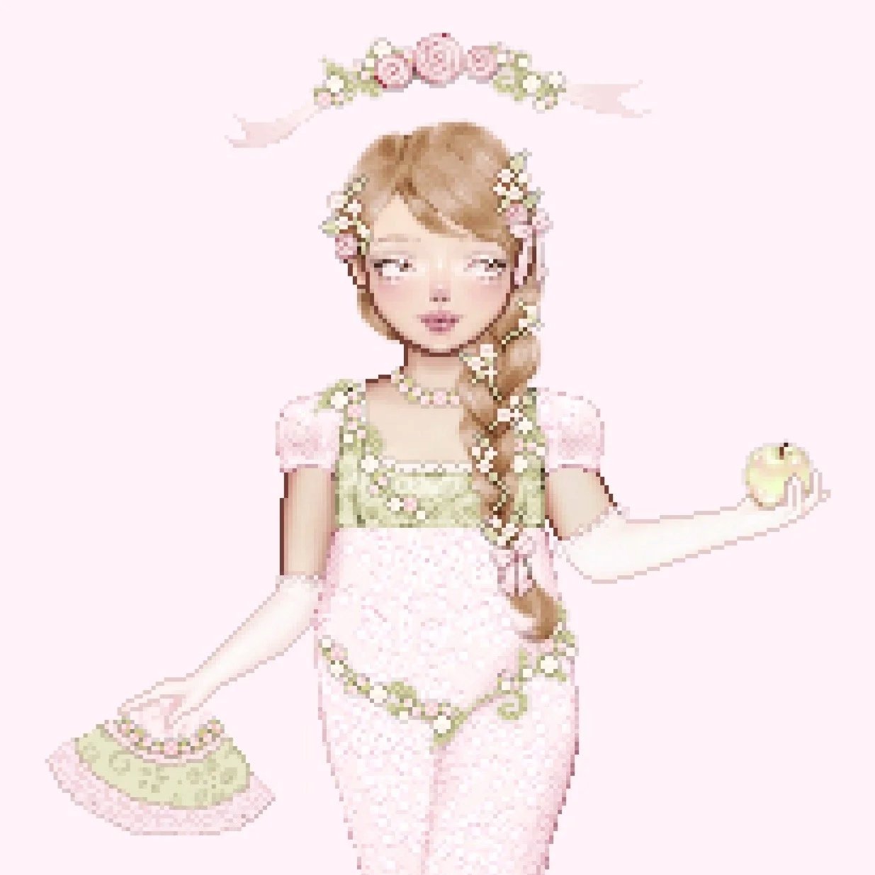 A pixelated digital illustration of a woman with light brown hair styled in a braid, wearing a floral headband, pink and green dress, and holding an apple in one hand and a pink fan in the other, against a light pink background.