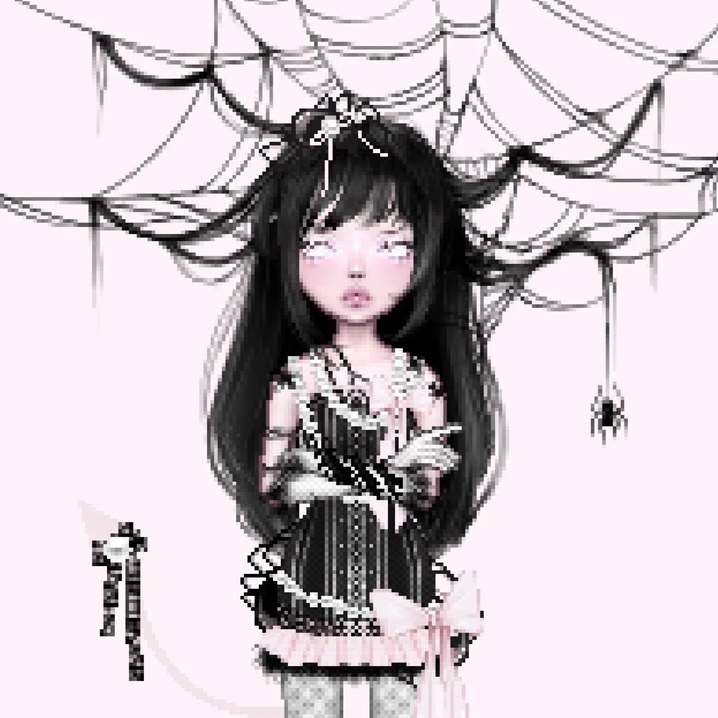 A digital illustration of a girl with long black hair and a cute, pastel-colored outfit, standing in front of a spider web background.