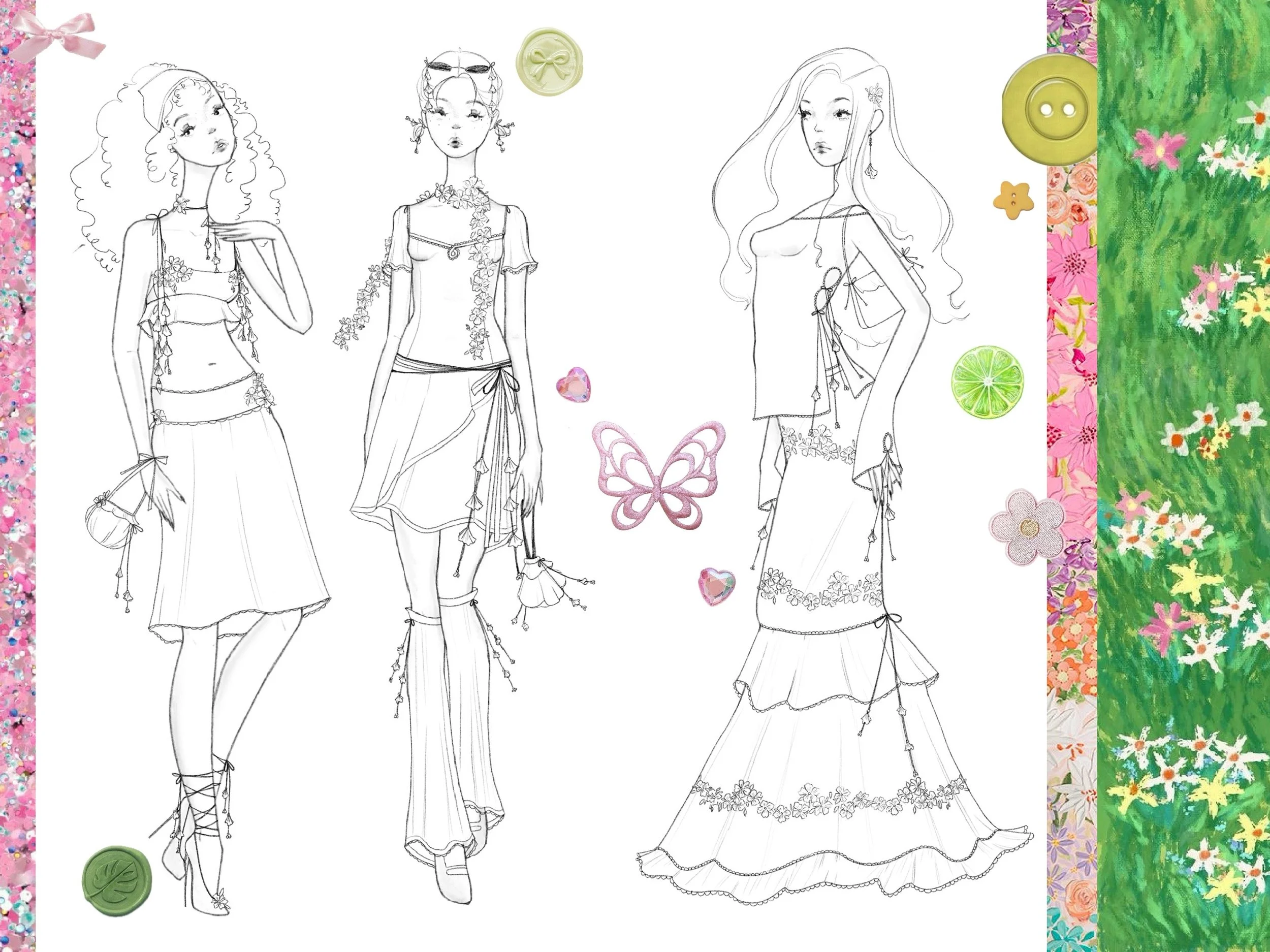 Line drawing of three women models wearing floral-themed bohemian-style dresses, standing side by side, with decorative buttons, hearts, flowers, and green patterned borders with floral designs surrounding the image.