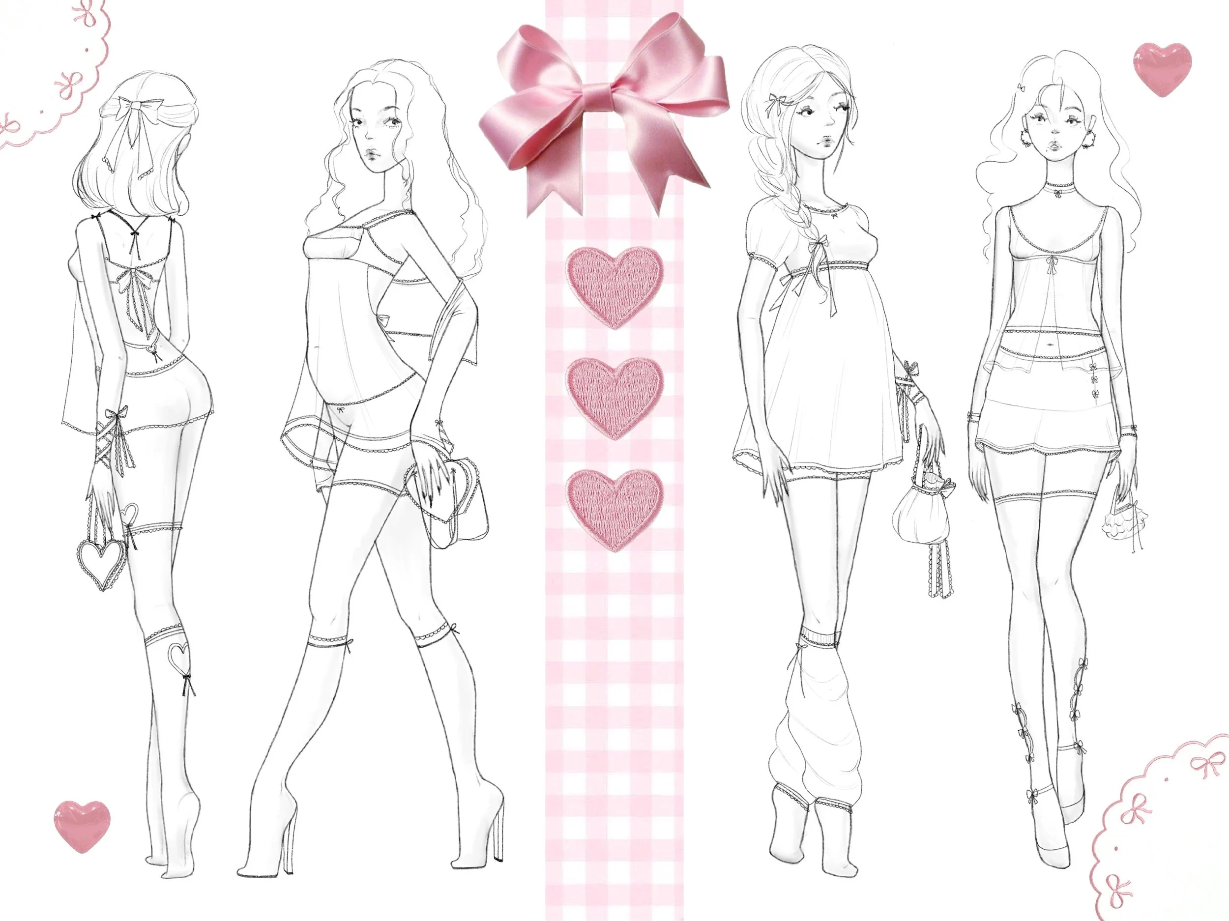 Line drawing of five young women in various outfits, with a pink checkered background, pink hearts, and a pink bow in the center.