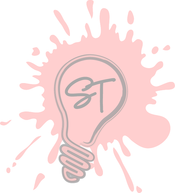 A pink paint splash background with a light bulb illustration containing the letters 'ST' inside.