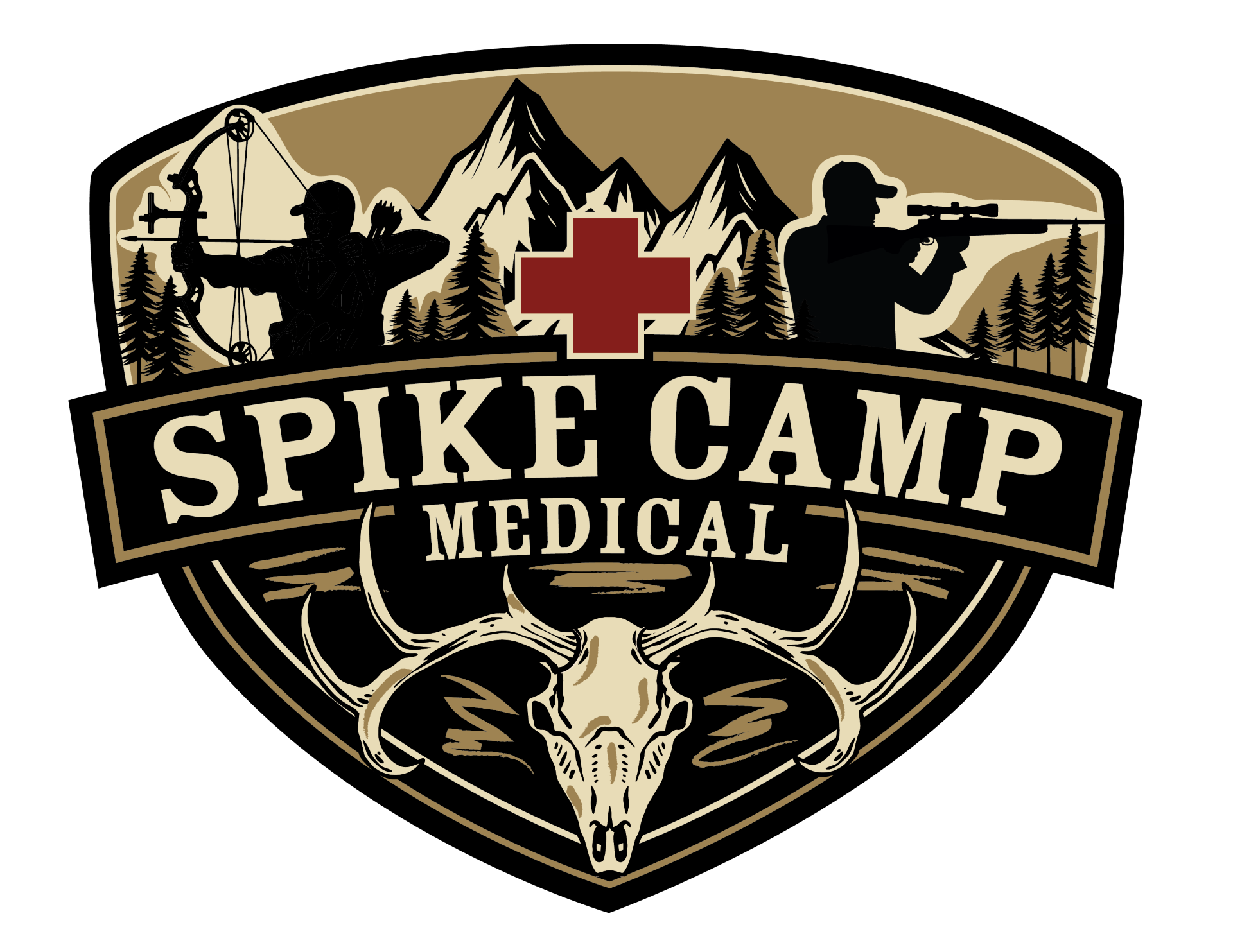 A logo for Spike Camp Medical featuring mountain scenery, a red cross, and silhouettes of a person with a bow and a person with a rifle, all over a skull.