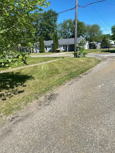 A suburban street with a gravel pathway, green grass, and trees, with houses in the background under a sunny blue sky.