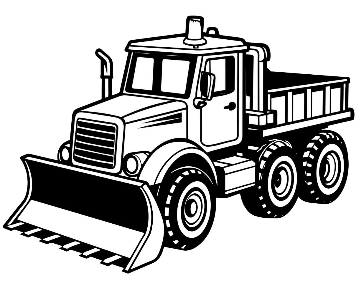 Black and white illustration of a snowplow truck with a large blade on the front and a dump bed in the back.