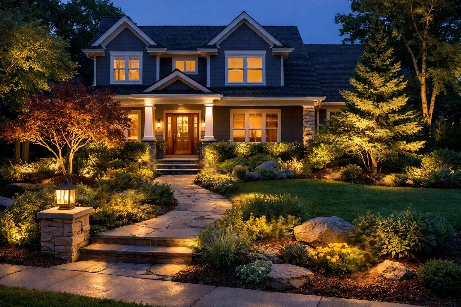 A well-lit house at night with a landscaped front yard, stone pathway, trees, bushes, and outdoor lighting.