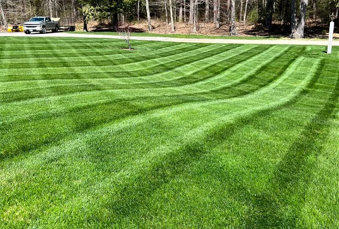 A well-maintained grassy field with striped patterns from mowing, a few trees, a parked vehicle, and a wooded area in the background.