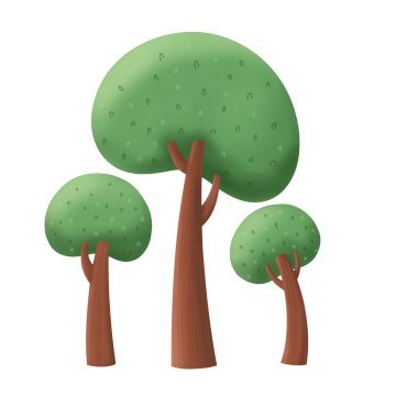Illustration of three trees with green, round canopies and brown trunks.
