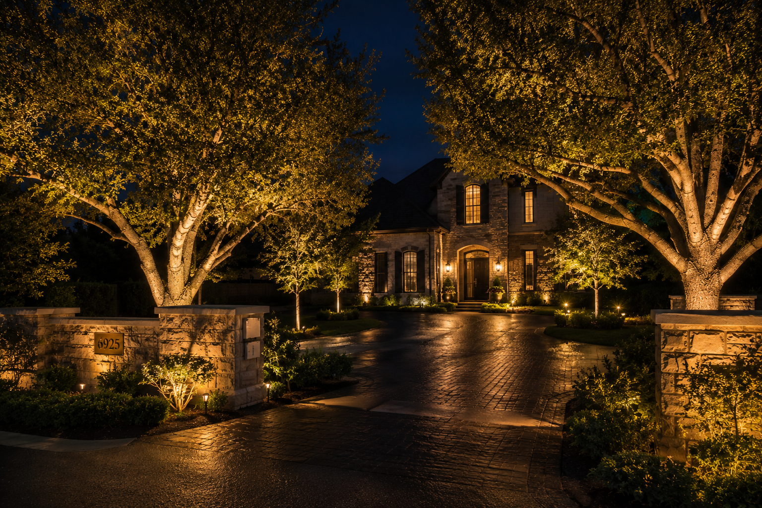 A well-lit house at night with trees and landscaping illuminated by outdoor lighting, a stone entryway, and a wet driveway.