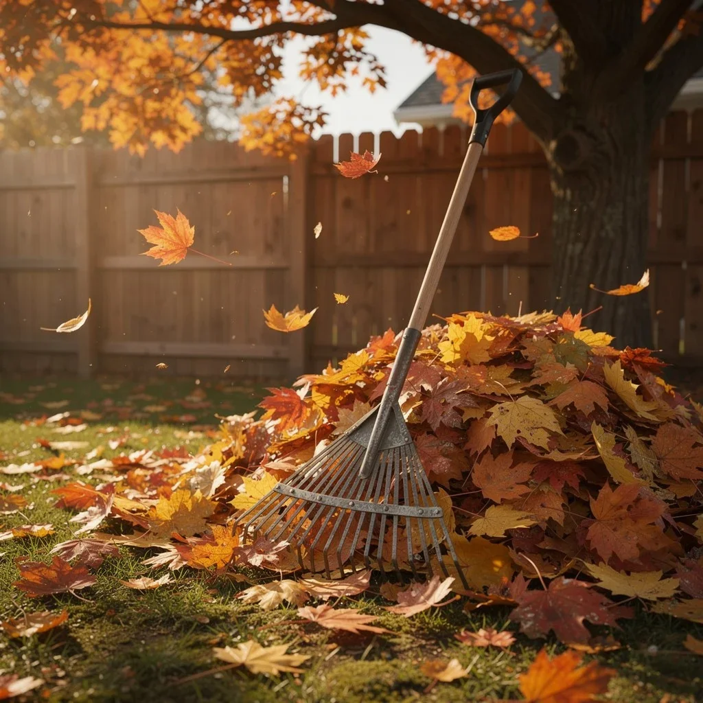 A garden rake resting on a pile of fallen autumn leaves in a backyard with a wooden fence and trees with orange foliage.