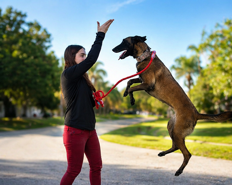 A woman playing with a dog outdoors on a sunny day in a neighborhood with trees and houses in the background.